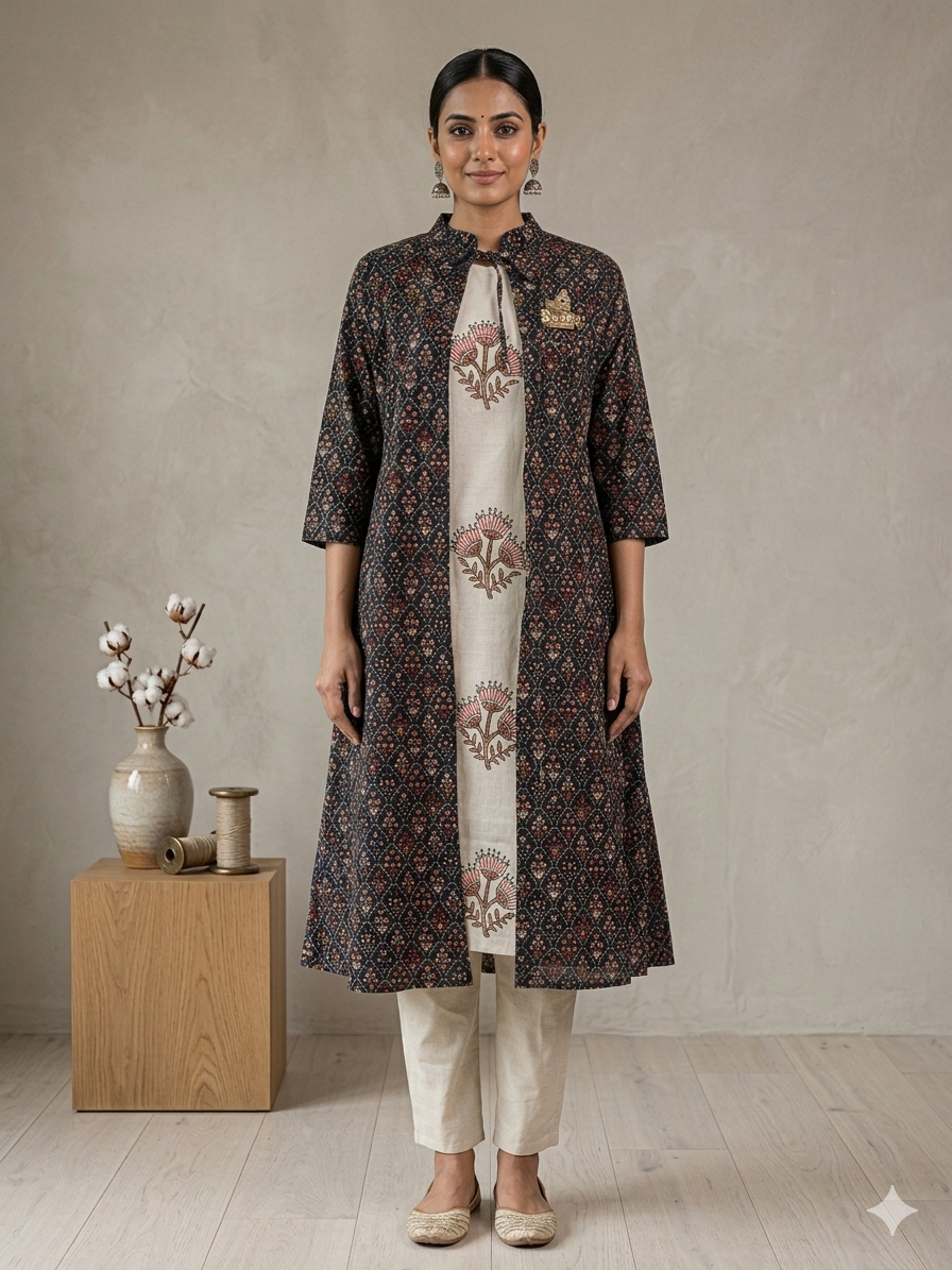 Elegant Cotton Flex Kurti Set with Printed Jacket – Ethnic Floral Design