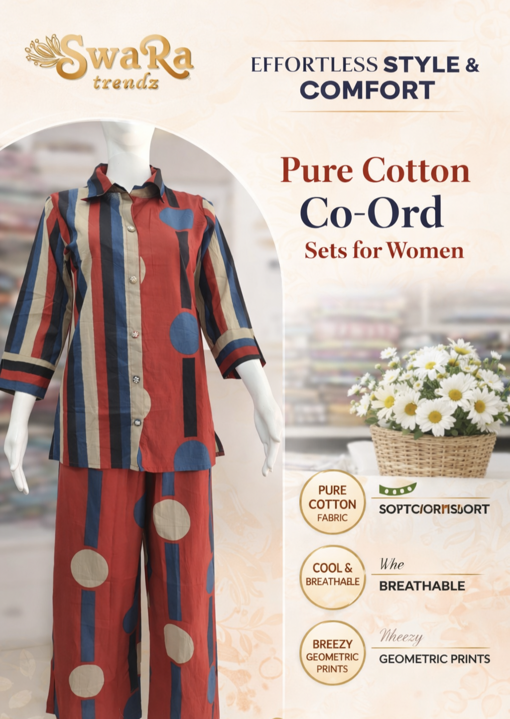 Rust Red Geometric Print Pure Cotton Co-Ord Set for Women