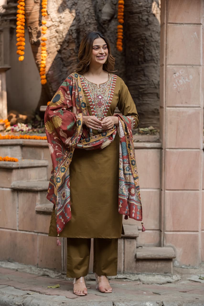 Elegant Olive Embroidered Kurta Set with Printed Dupatta
