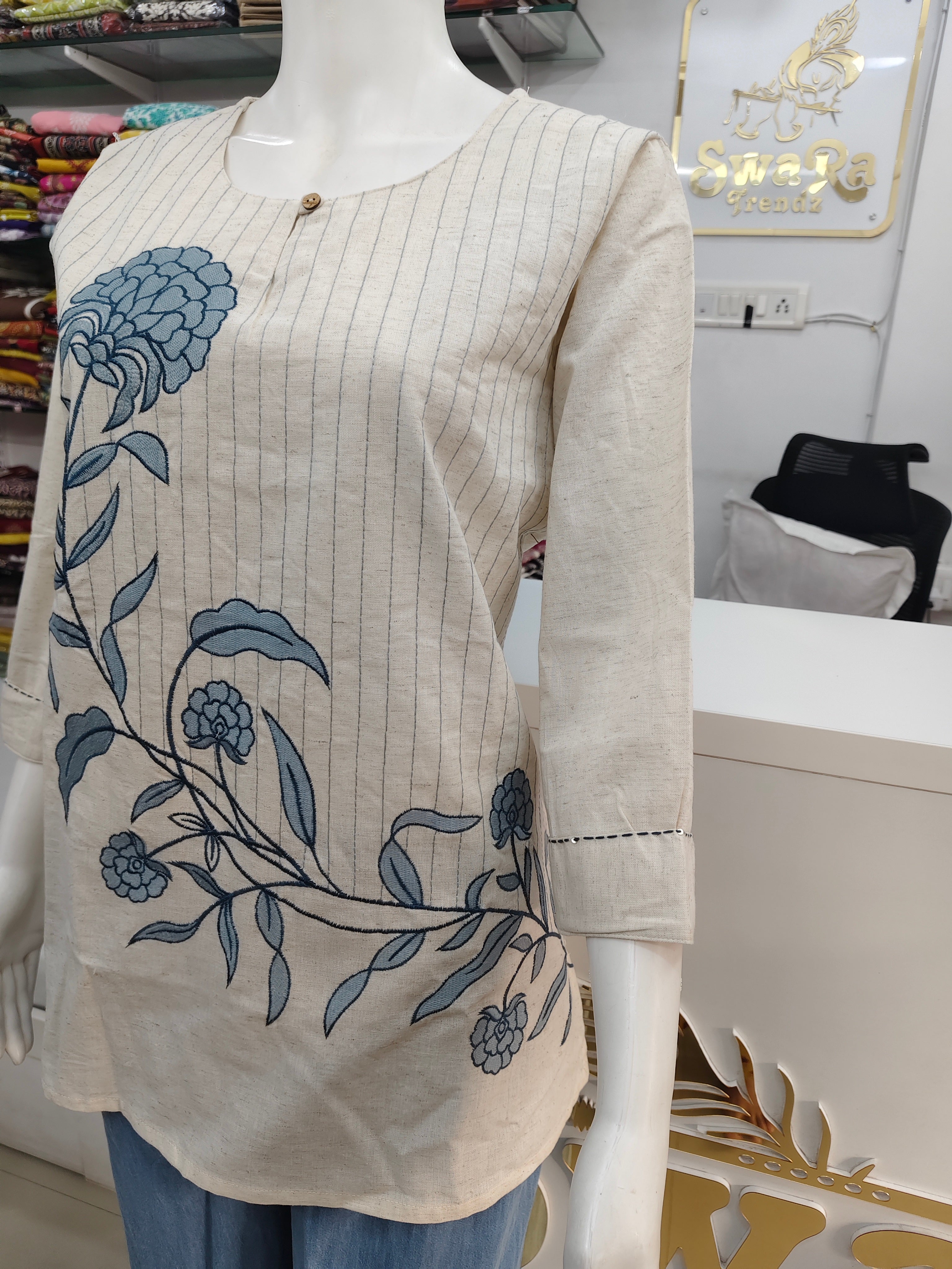 Elegant Cotton Flex Floral Embroidered Short Top for Women