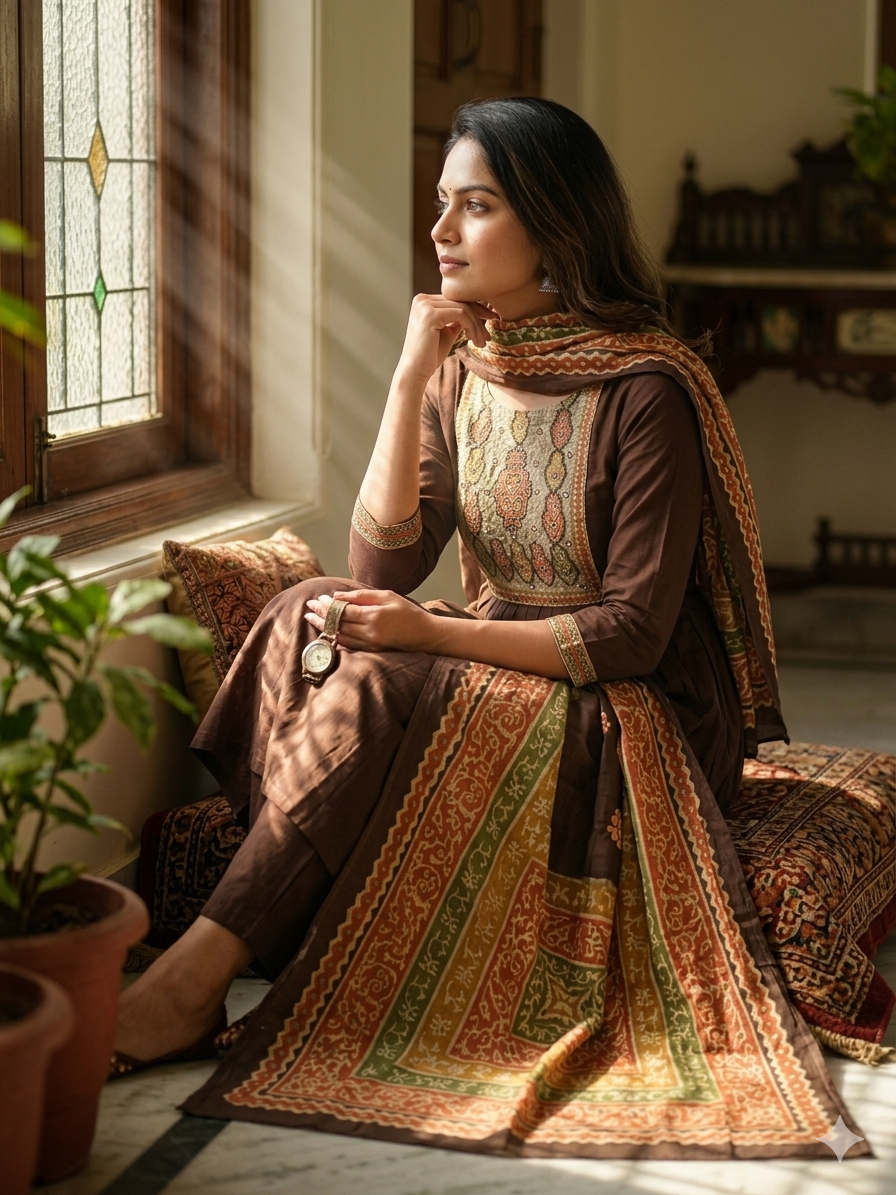 Elegant Brown Cotton Kurti Set with Printed Dupatta & Bottom
