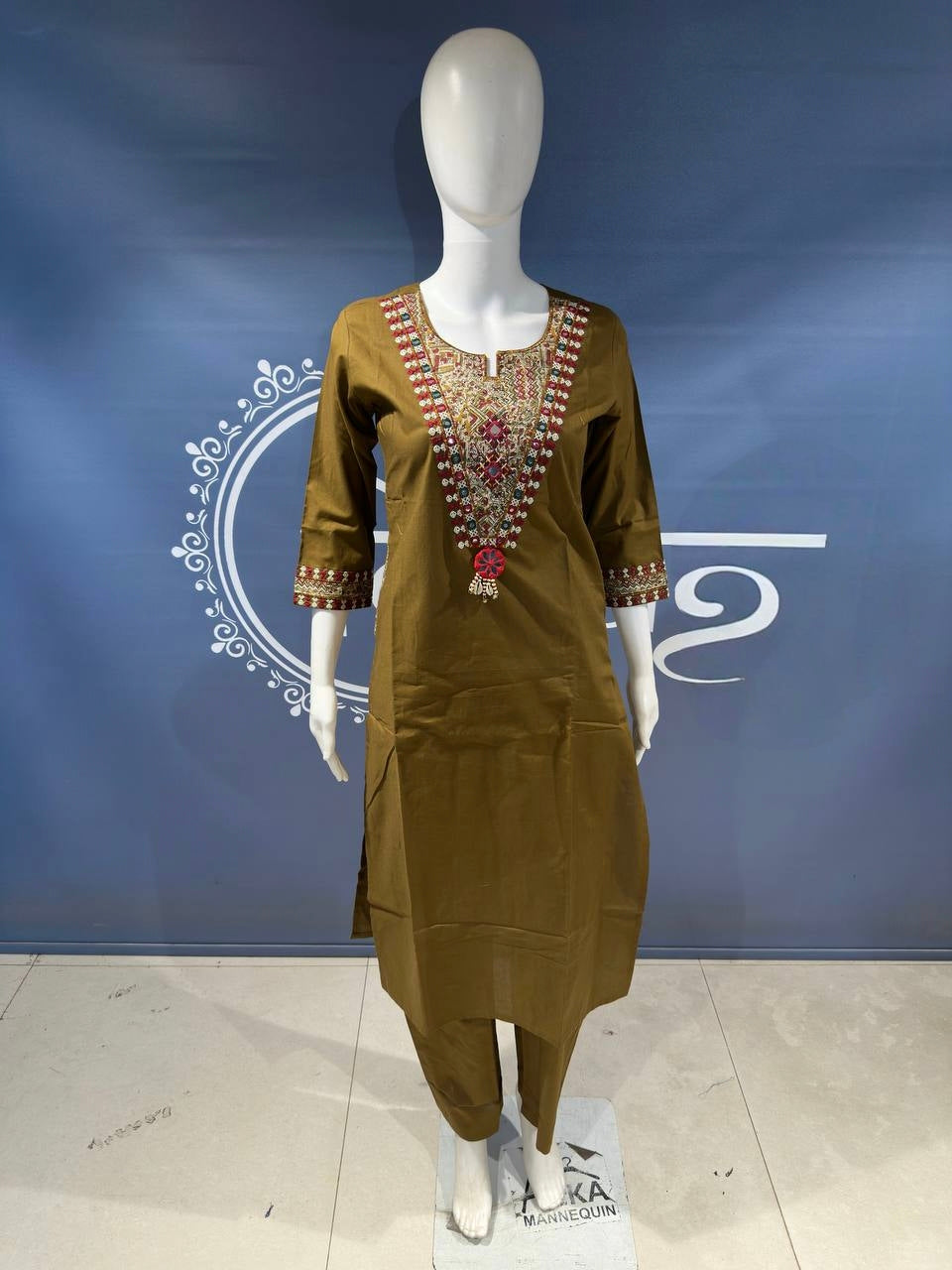 Elegant Olive Embroidered Kurta Set with Printed Dupatta
