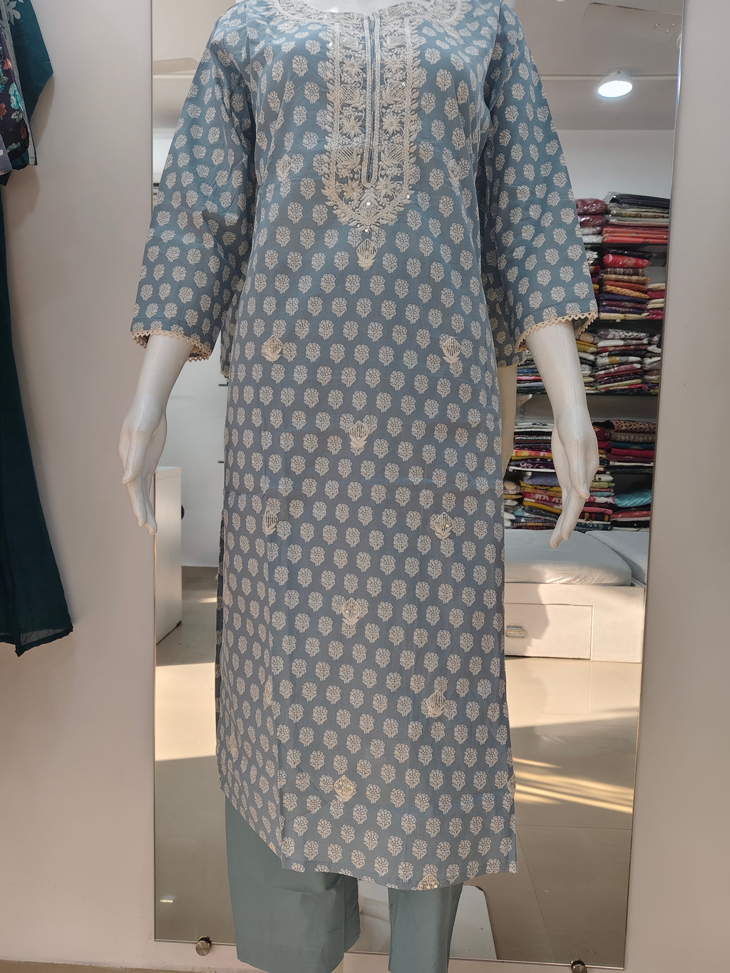 Powder Blue Handblock Printed Cotton Suit Set with Embroidered Neckline & Dupatta