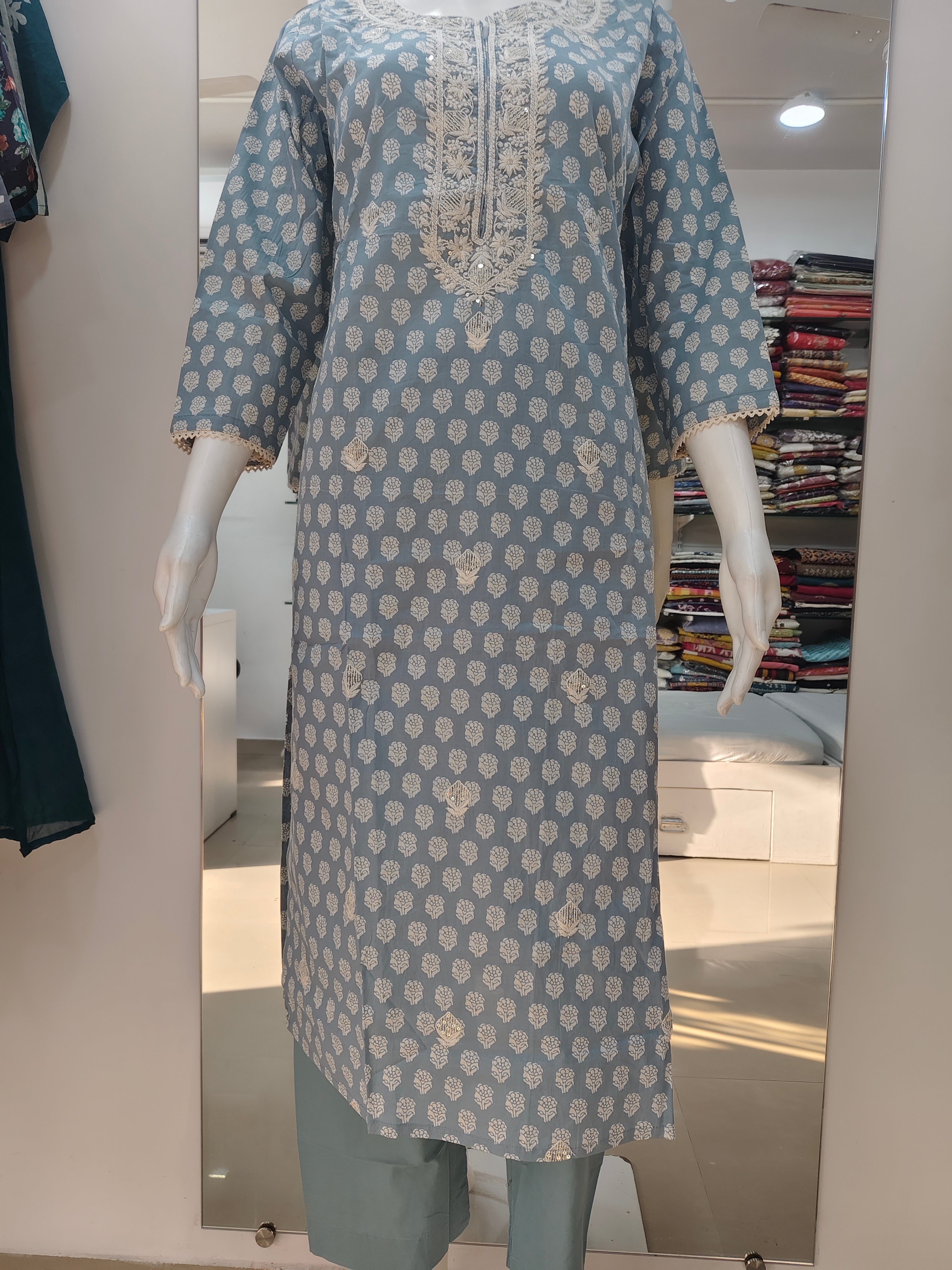 Powder Blue Handblock Printed Cotton Suit Set with Embroidered Neckline & Dupatta