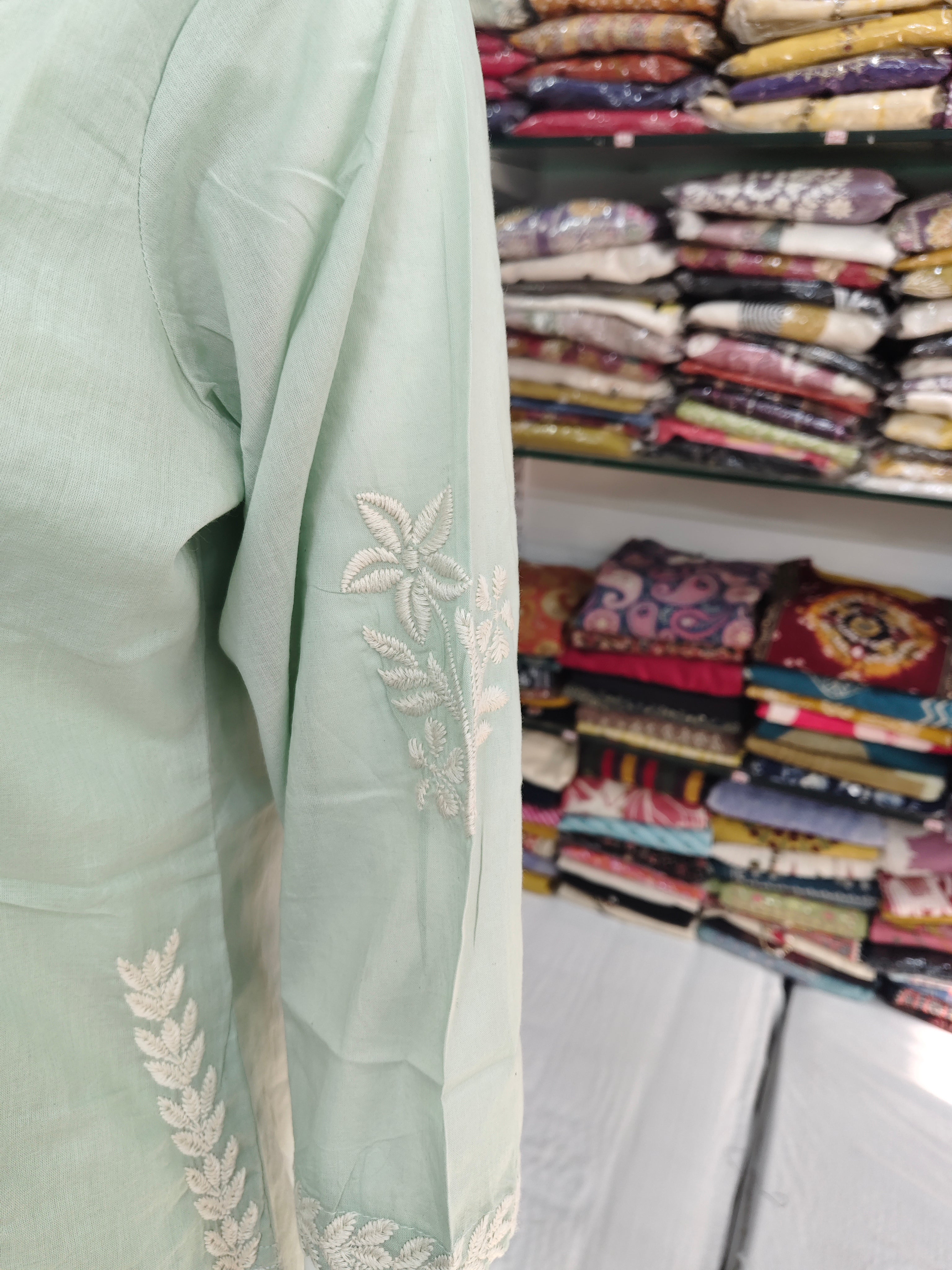 Women’s Mul Cotton Embroidered Short Kurti Top – Pista Green