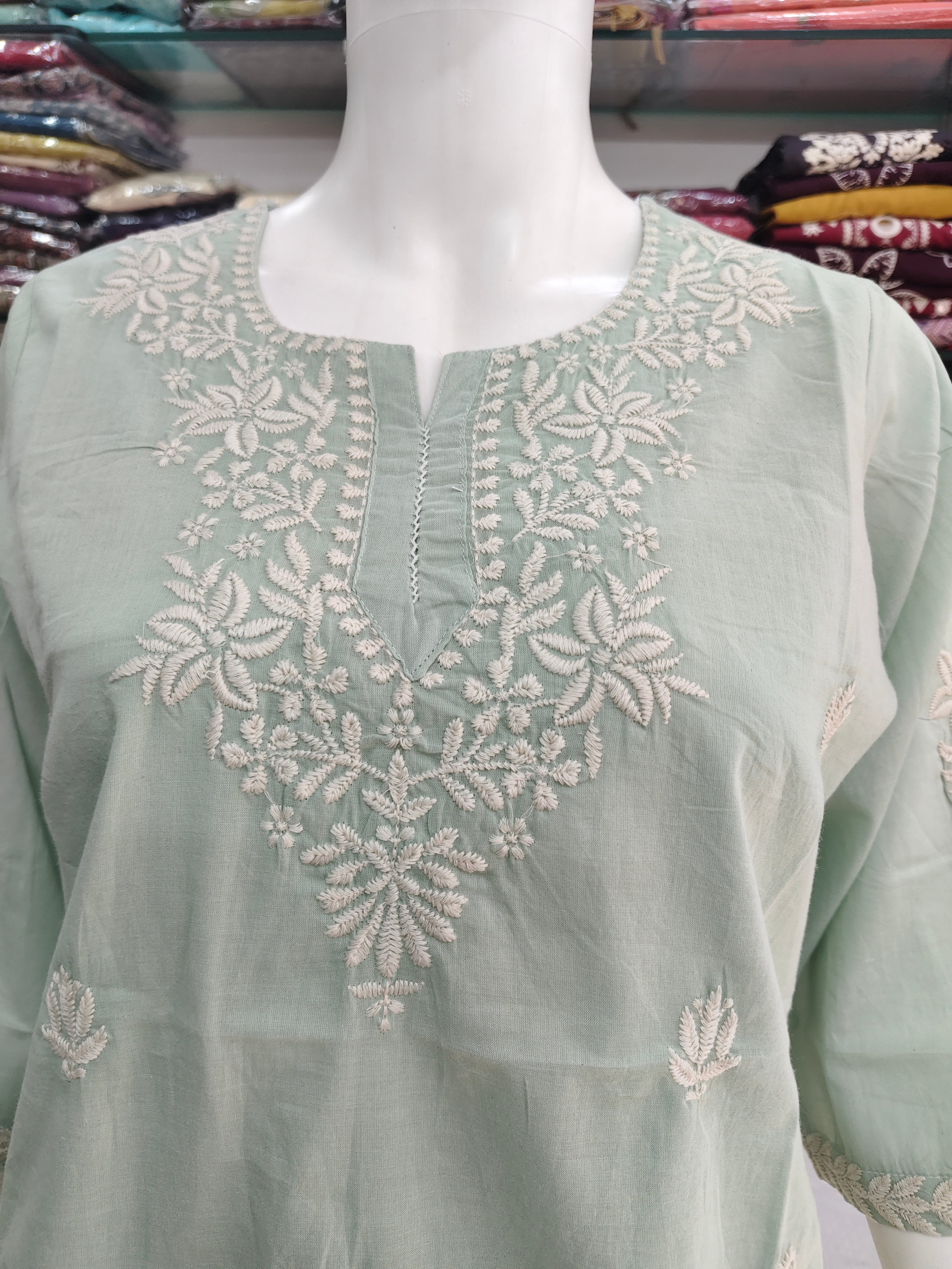 Women’s Mul Cotton Embroidered Short Kurti Top – Pista Green