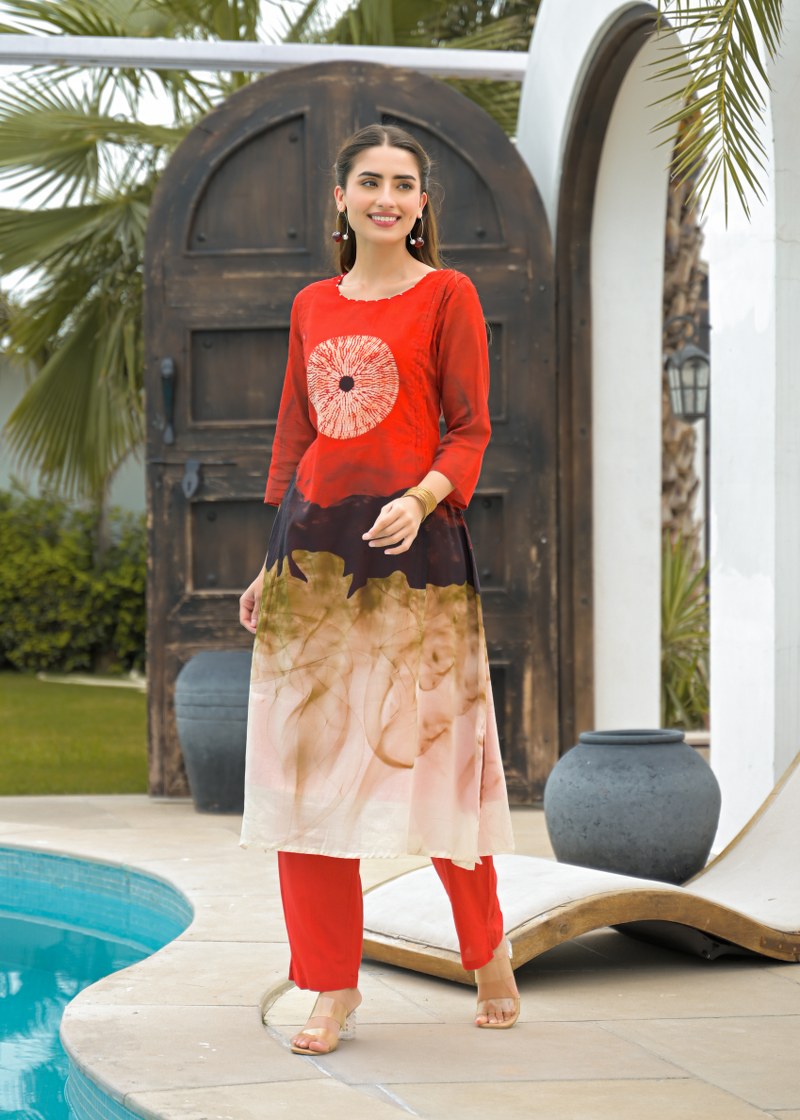 Red Ombre Smoke Printed with Tie-Die Mul Cotton A-Line Kurti with Pants | Designer 2-Piece Ethnic Set for Women