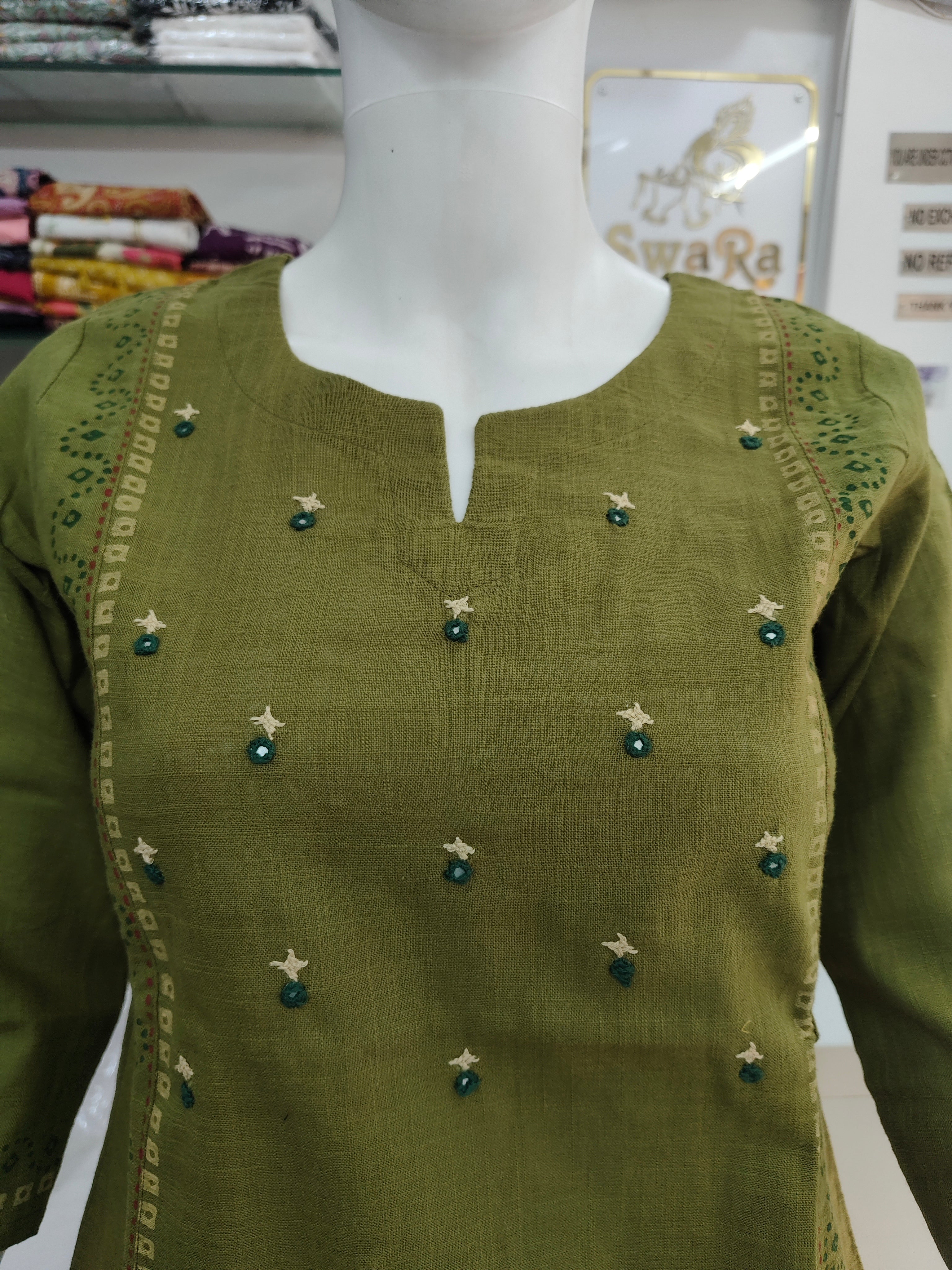 Olive Green Cotton Flex Embroidered Short Top