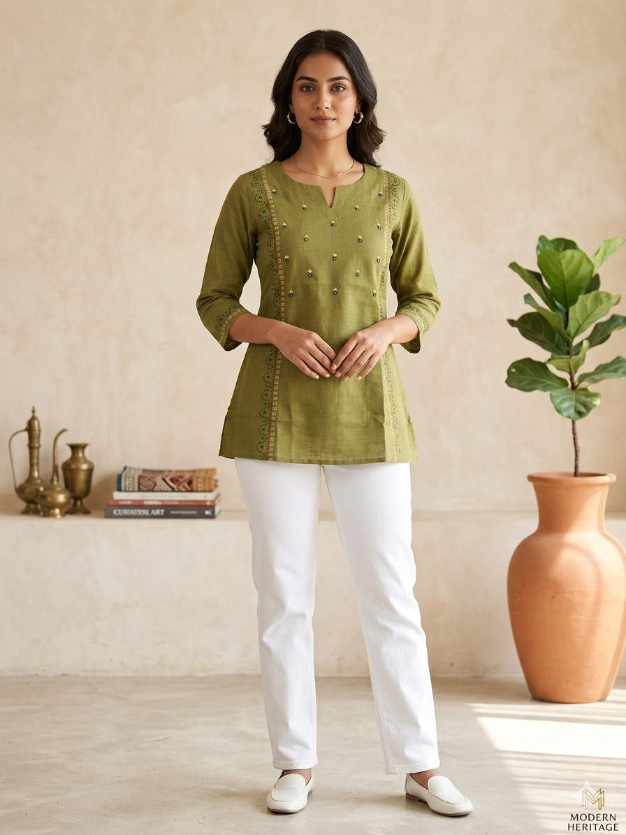 Olive Green Cotton Flex Embroidered Short Top