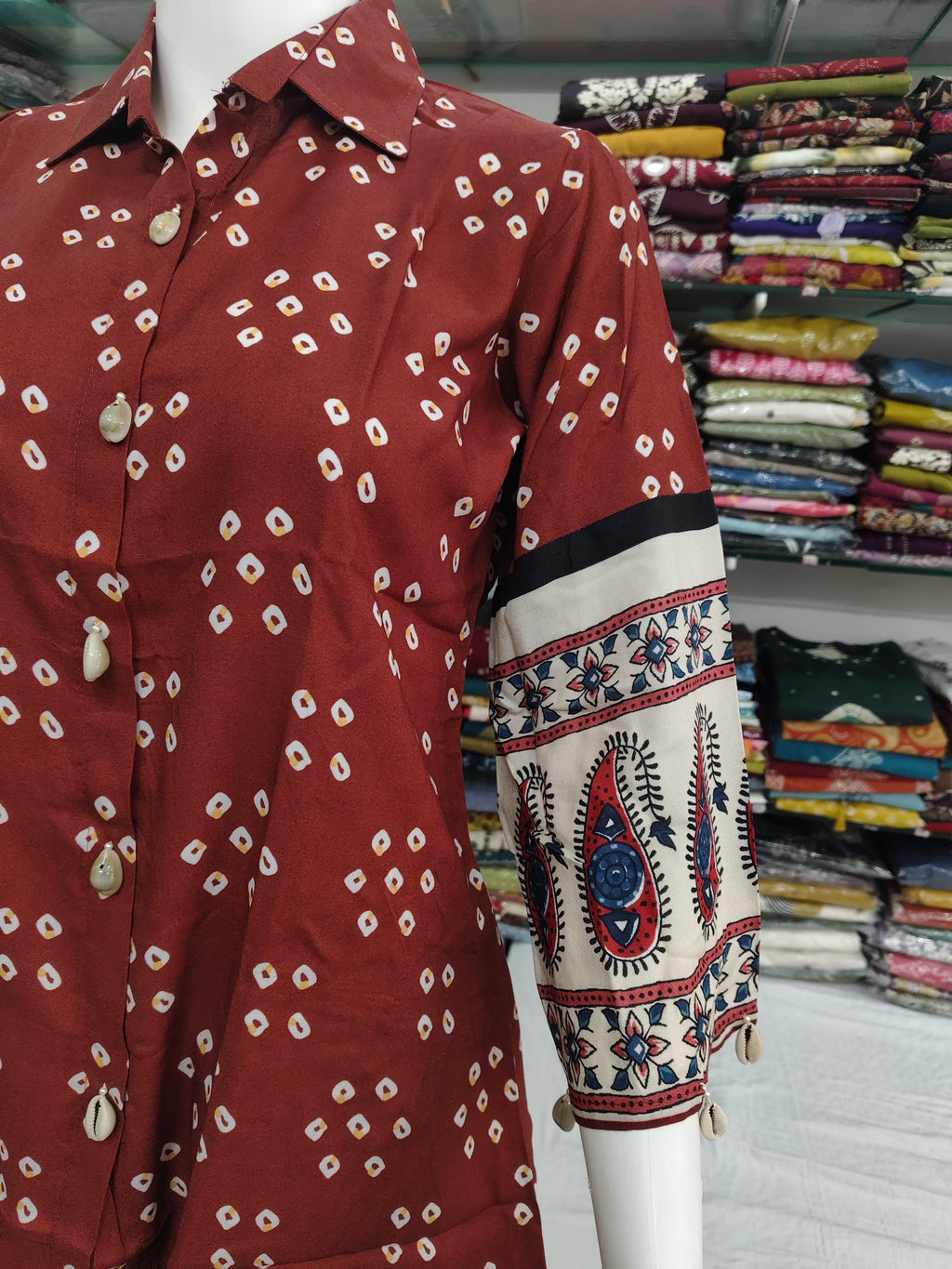 Rust Bandhani Print Viscose Short Top with Designer Sleeves & Collar Neck