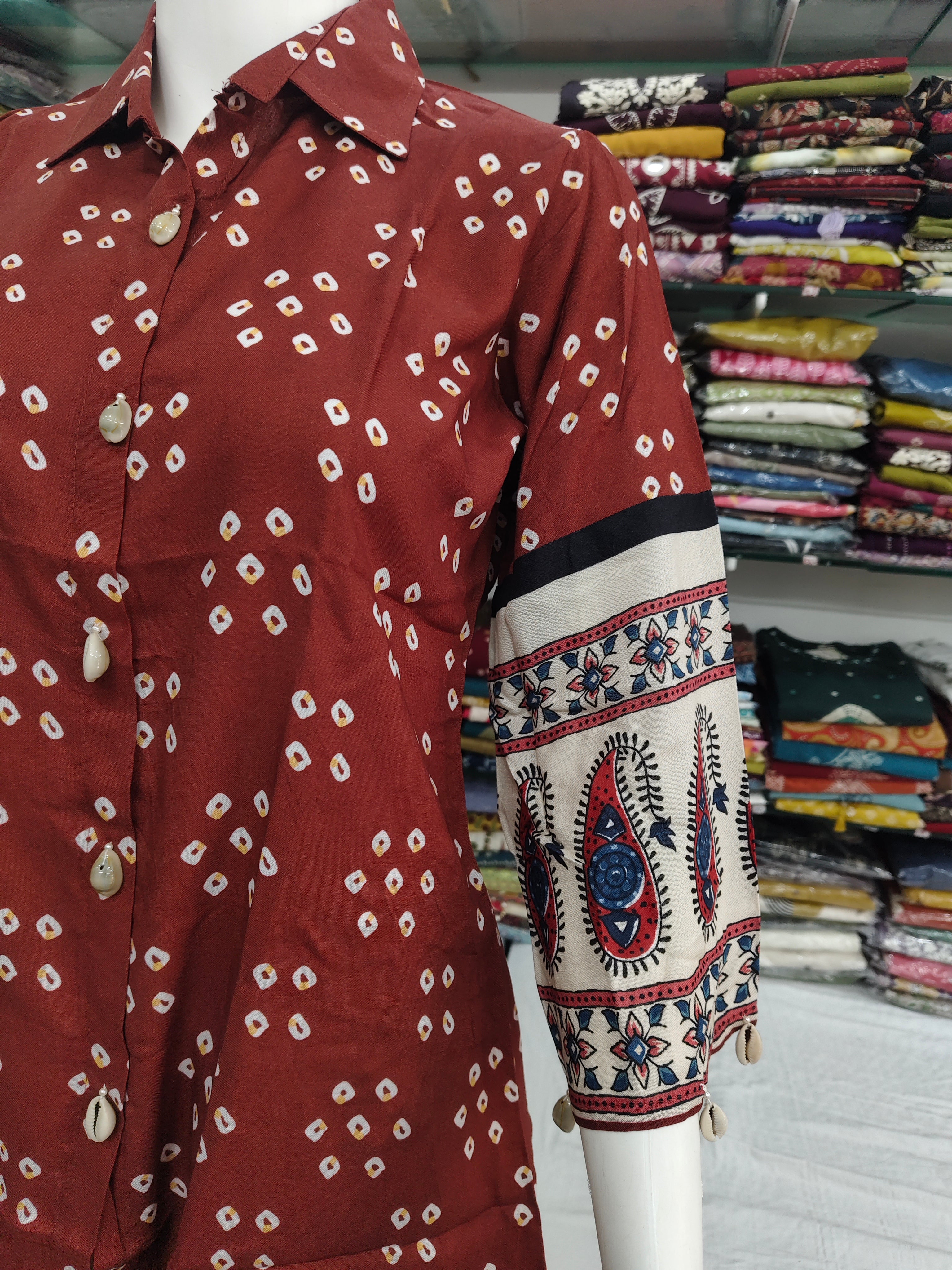 Rust Bandhani Print Viscose Short Top with Designer Sleeves & Collar Neck