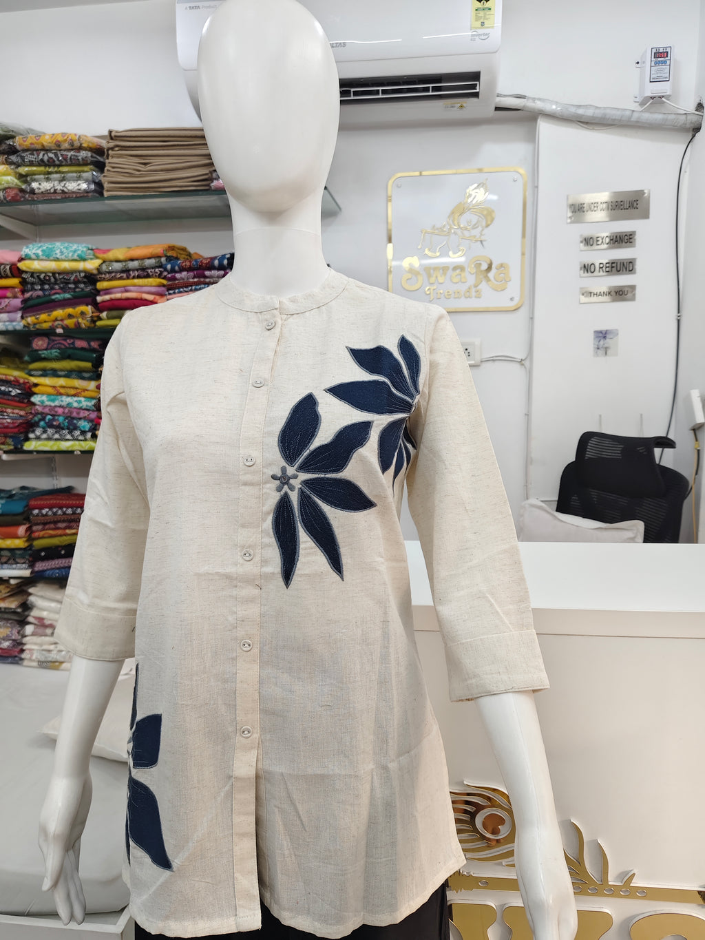 Women’s Cotton Flex Floral Embroidered Short Top – Off White & Navy Blue