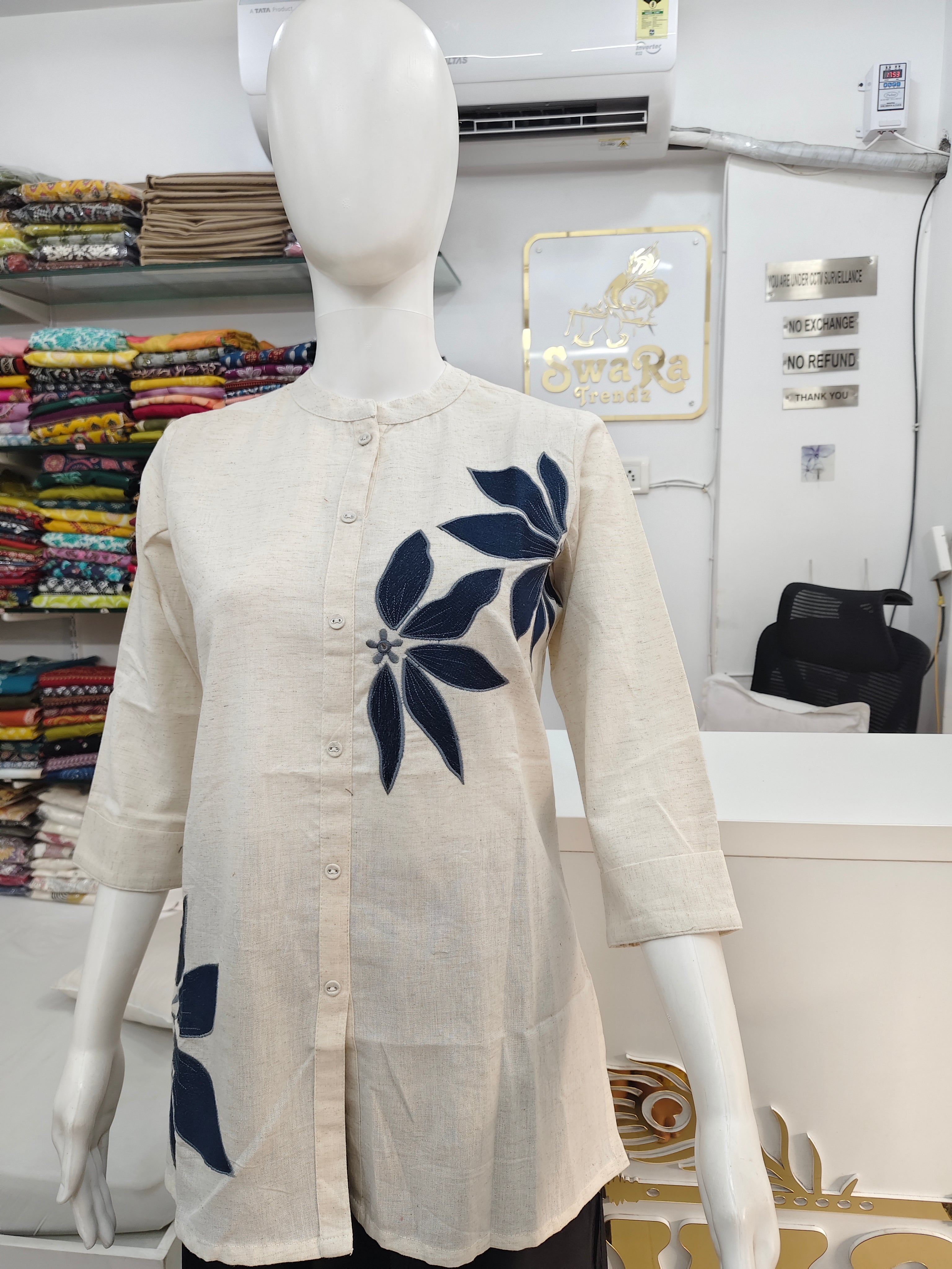 Women’s Cotton Flex Floral Embroidered Short Top – Off White & Navy Blue