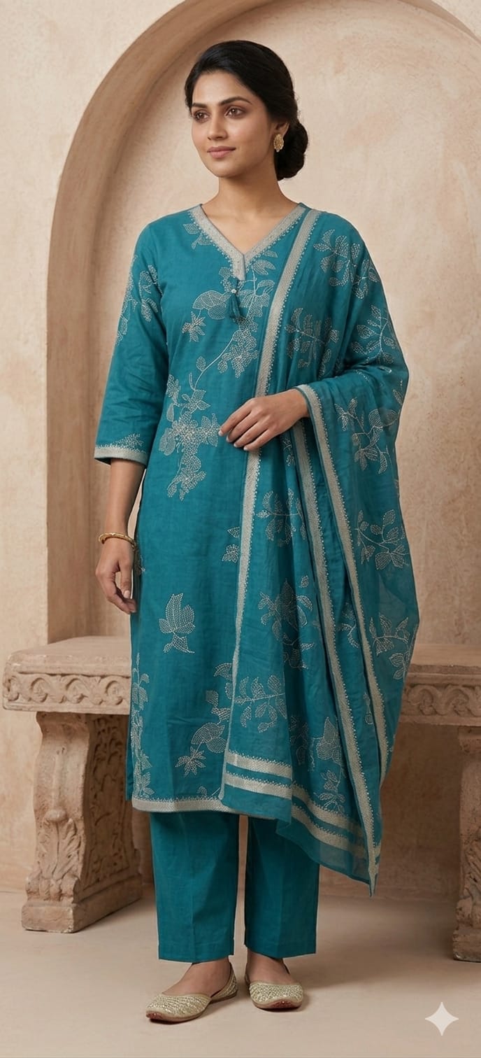 Teal Blue Mul Cotton Floral Printed Kurta Pant Dupatta Set for Women | Elegant Ethnic 3 Piece Suit