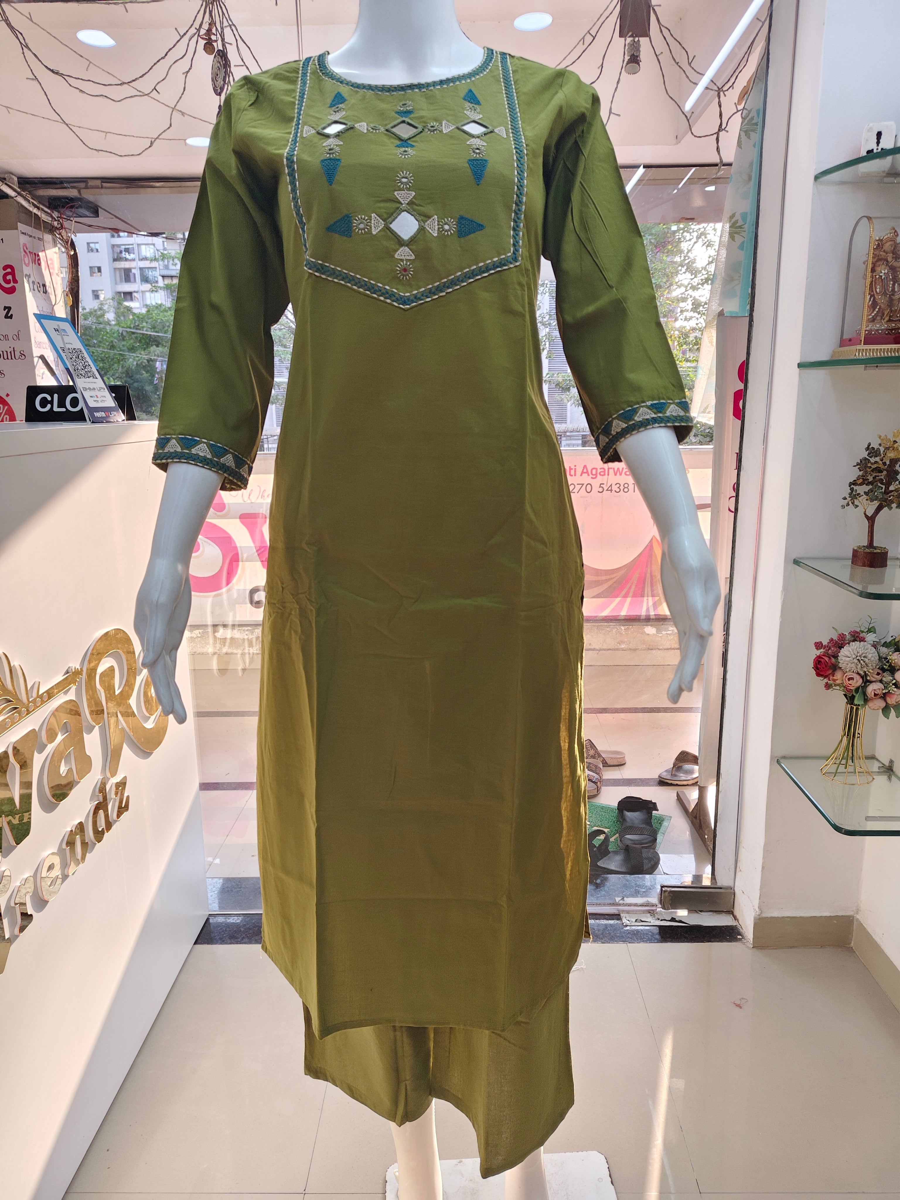 Olive Green Mirror Work Cotton Kurta Pant Dupatta Set for Women