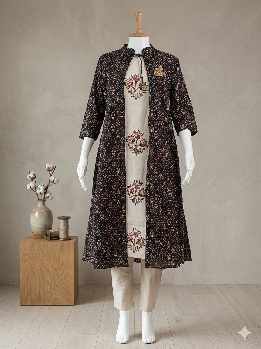 Elegant Cotton Flex Kurti Set with Printed Jacket – Ethnic Floral Design