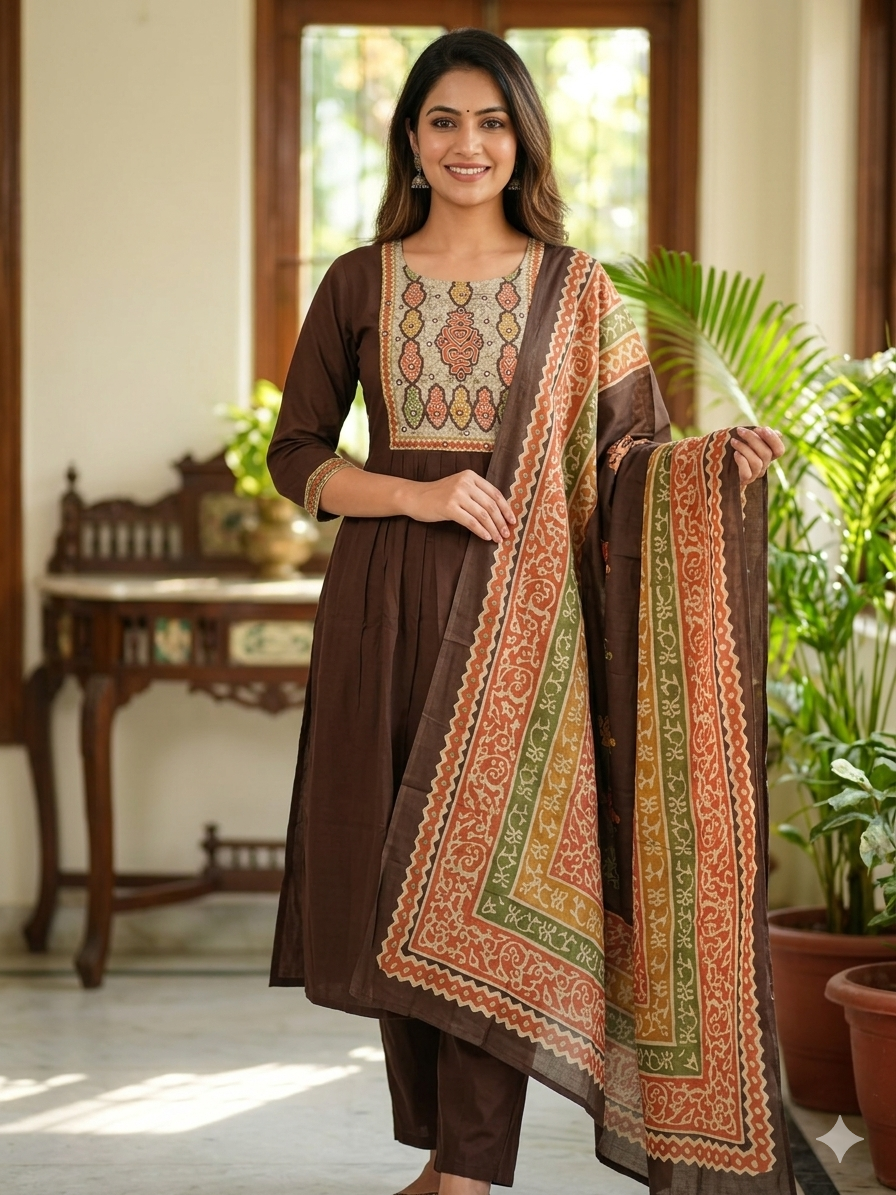 Elegant Brown Cotton Kurti Set with Printed Dupatta & Bottom