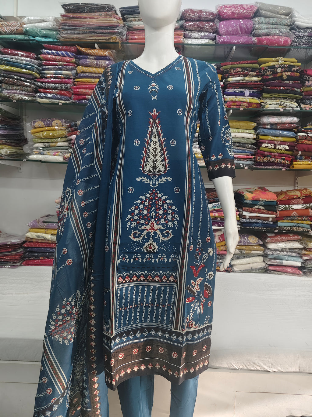 Elegant Blue Printed Cotton 3 Piece Suit Set with Dupatta