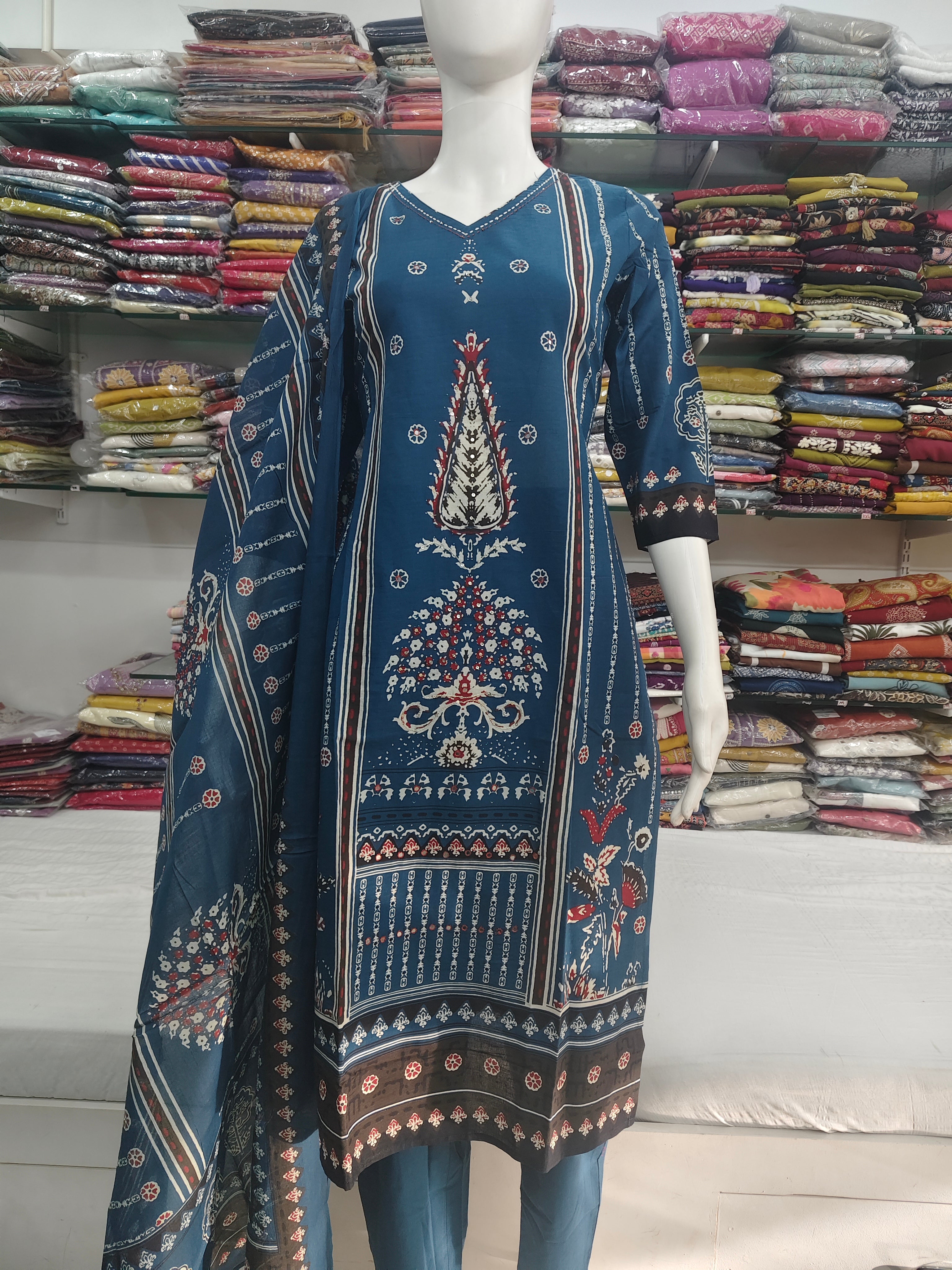 Elegant Blue Printed Cotton 3 Piece Suit Set with Dupatta