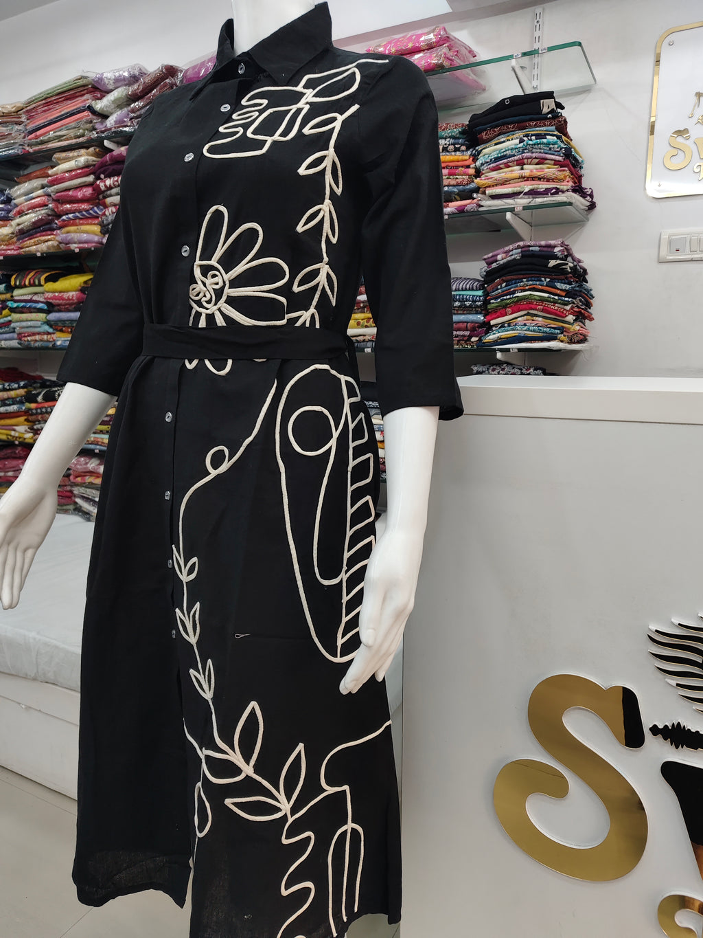 Black Abstract Appliqued Shirt Dress with Belt