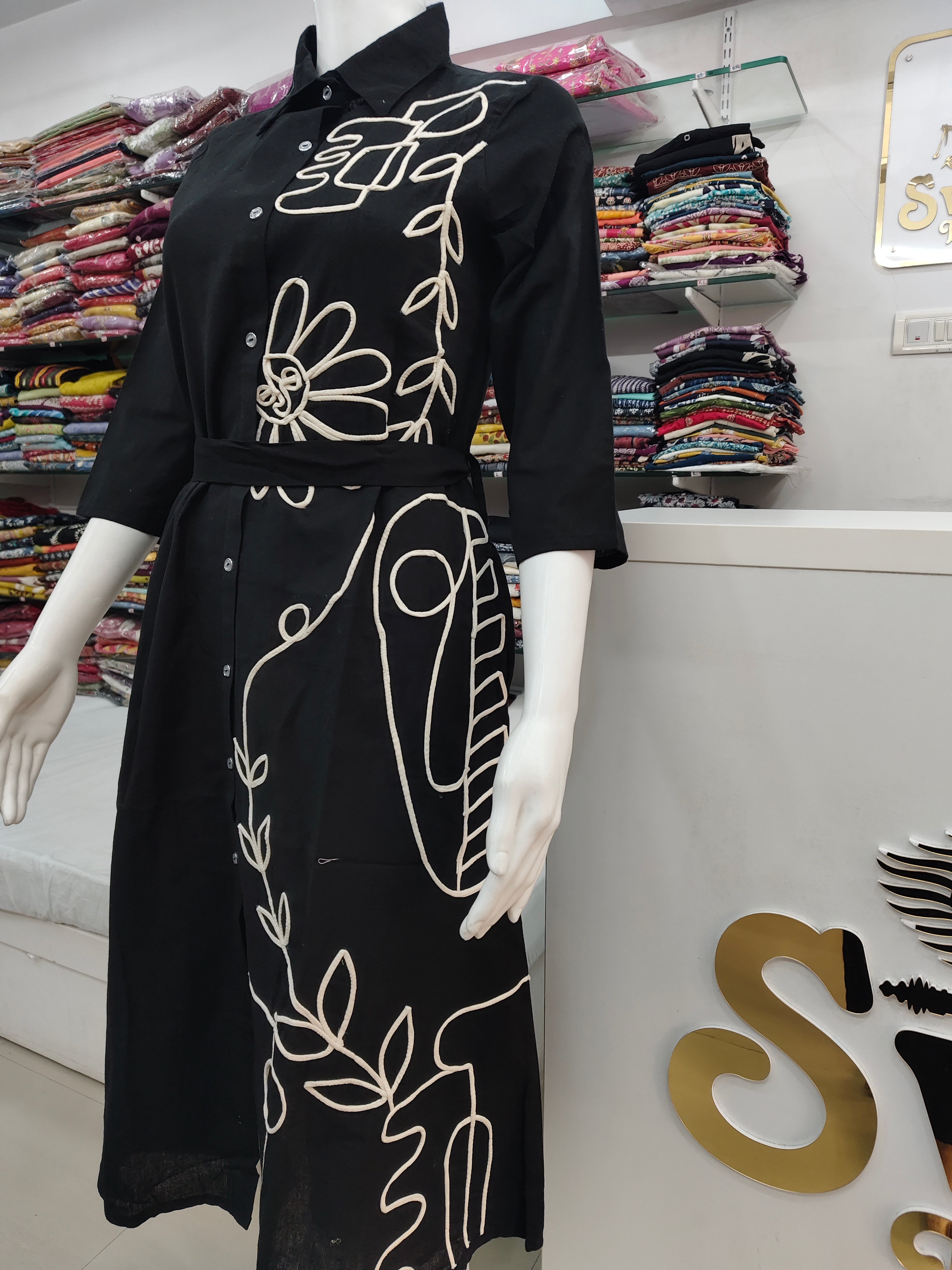 Black Abstract Appliqued Shirt Dress with Belt