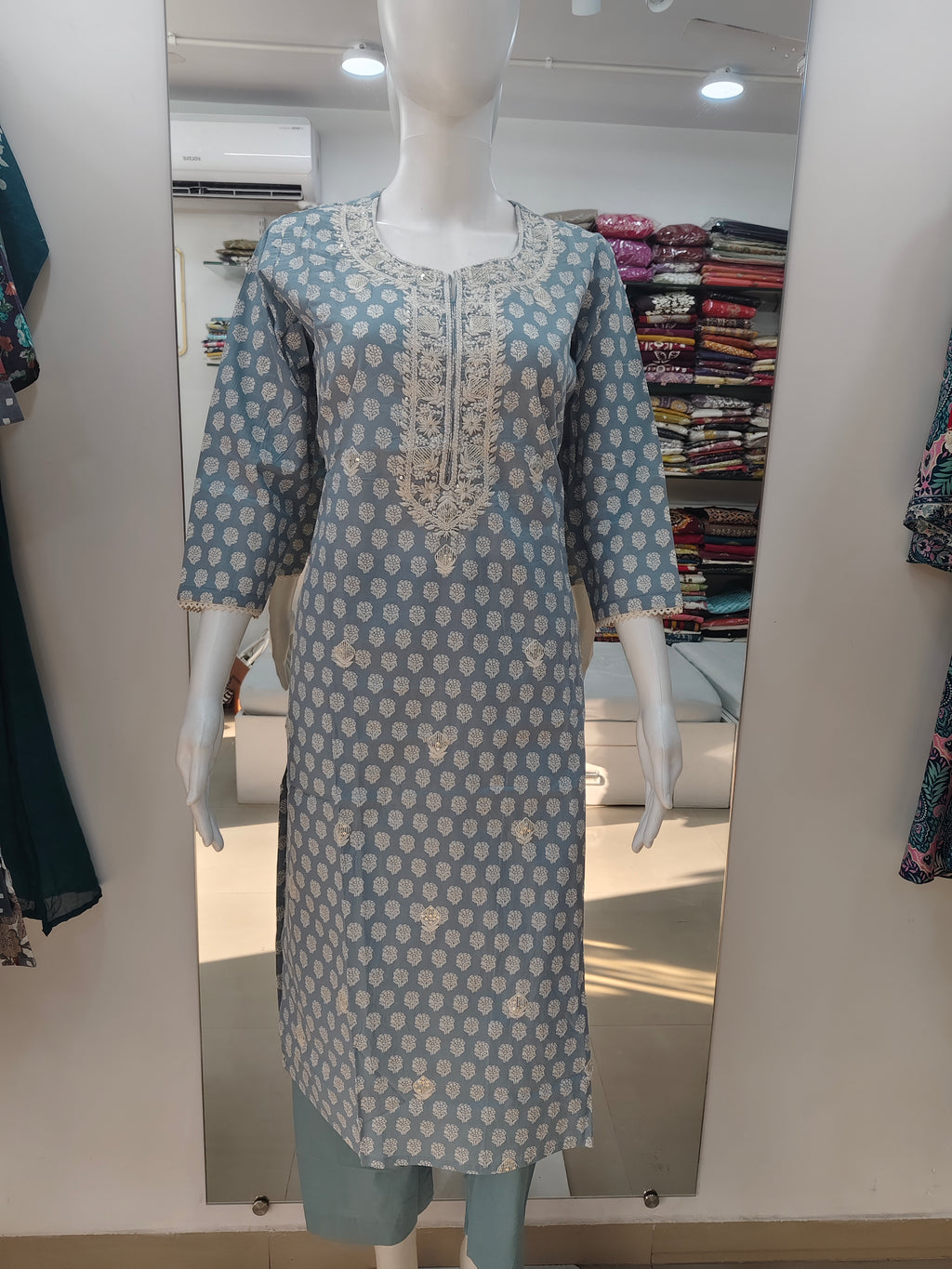 Powder Blue Handblock Printed Cotton Suit Set with Embroidered Neckline & Dupatta