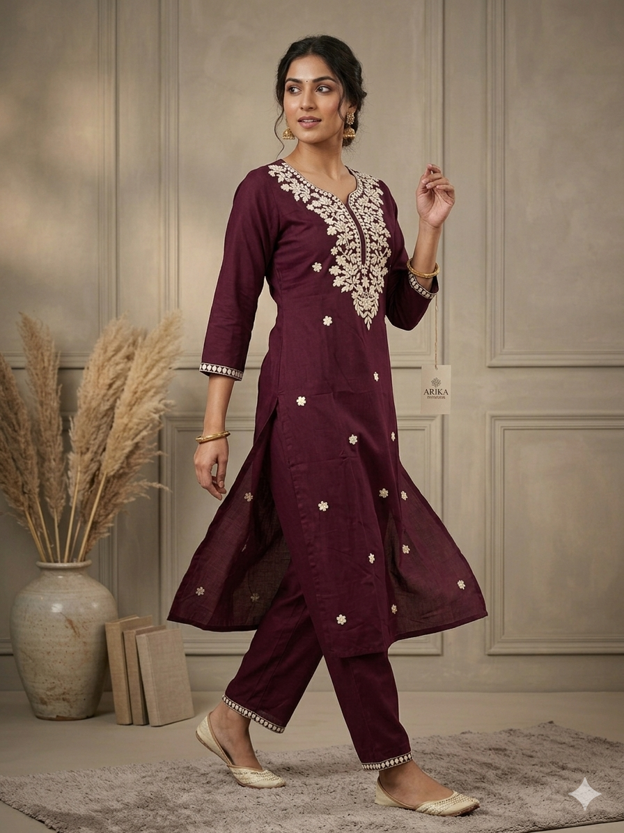 Wine Purple Embroidered Kurta Pant Set