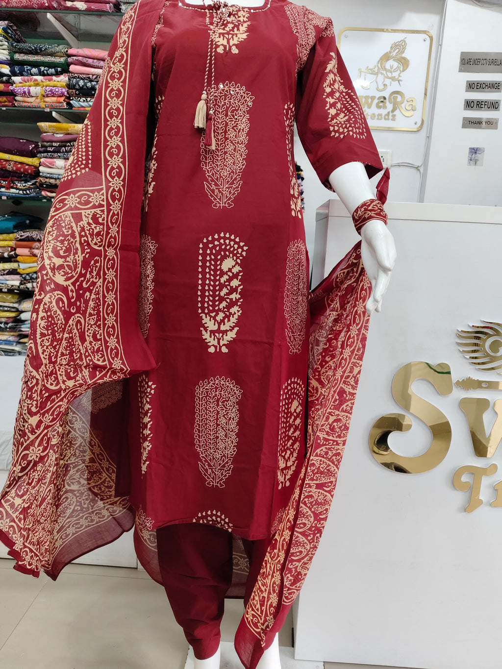 Maroon Cotton Printed Kurta Set with Matching Dupatta and tassel- 3 piece ethnic wear