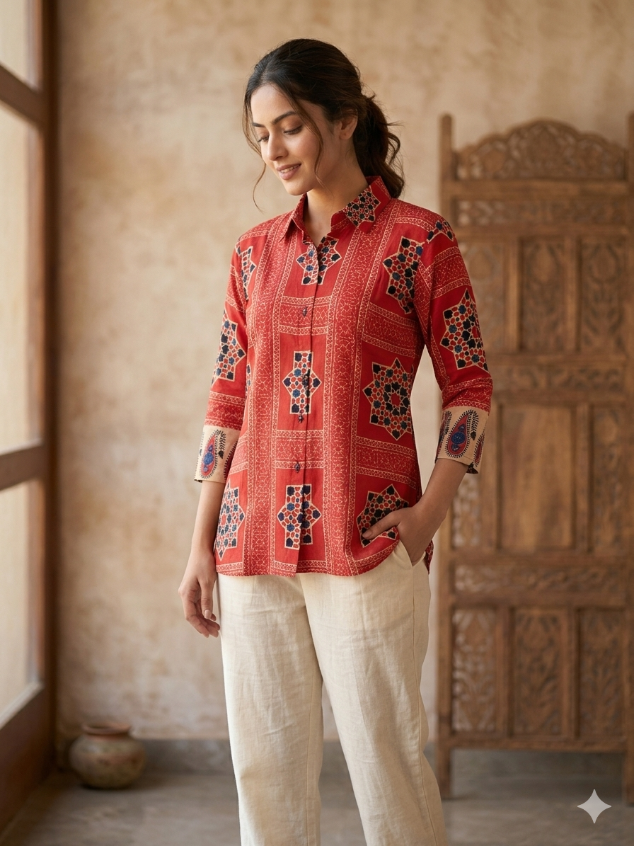 Stylish Red Viscose Printed Short Top with Shirt Collar & Designer Sleeves