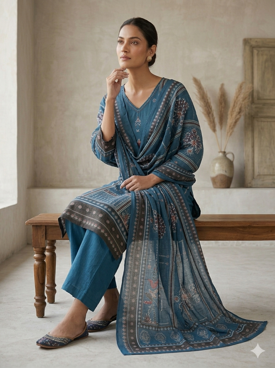 Elegant Blue Printed Cotton 3 Piece Suit Set with Dupatta