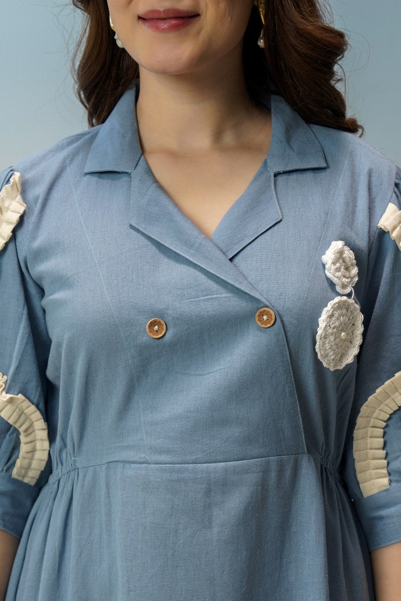 Women’s Blue A-Line Cotton Dress with Floral Appliqué – Stylish Casual Midi Dress for Women