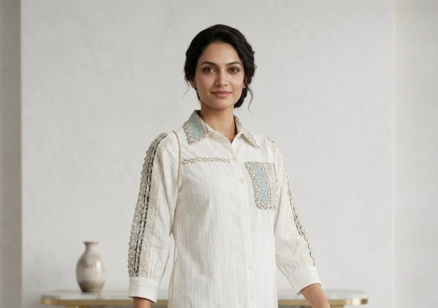 Elegant Pure Cotton Textured Short Top with Handcrafted Jute Lace Detailing