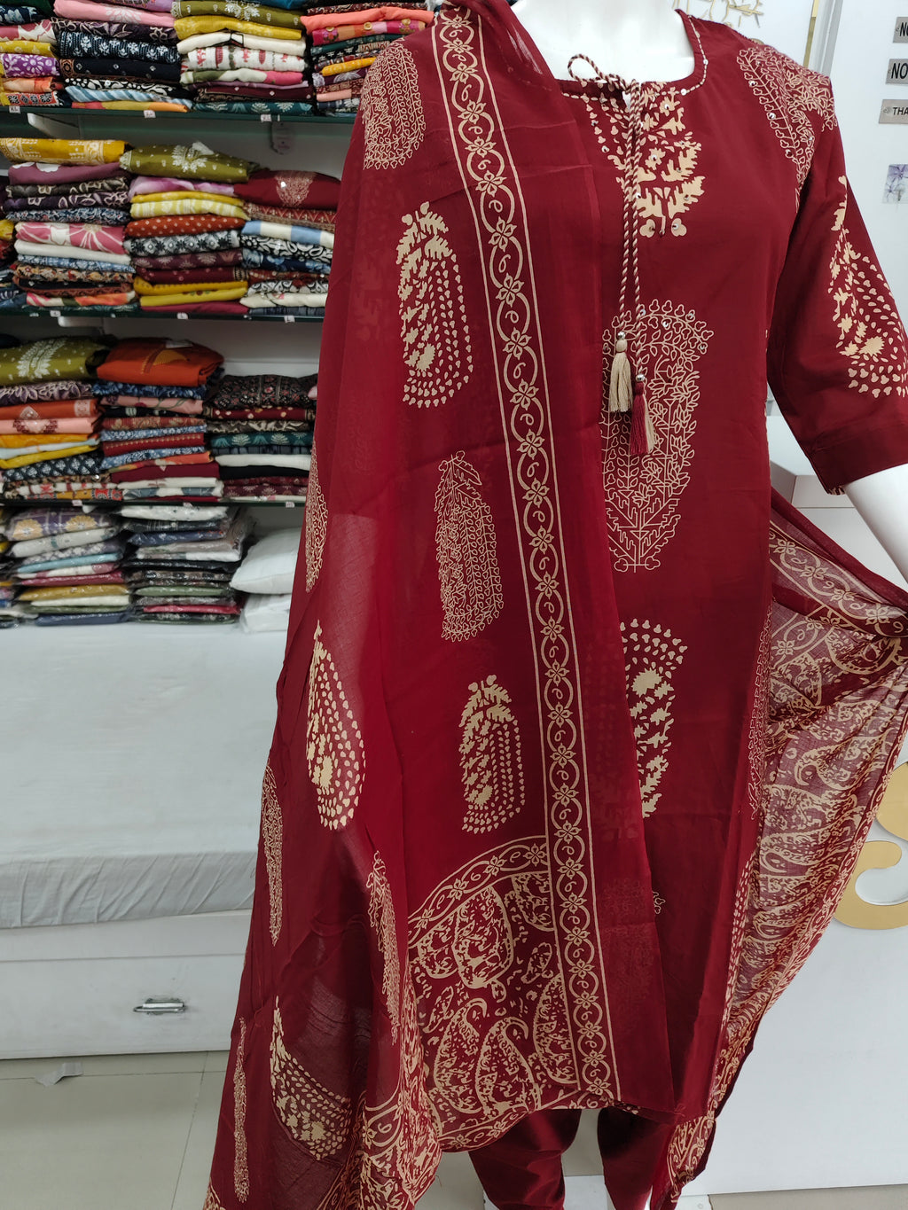 Maroon Cotton Printed Kurta Set with Matching Dupatta and tassel- 3 piece ethnic wear
