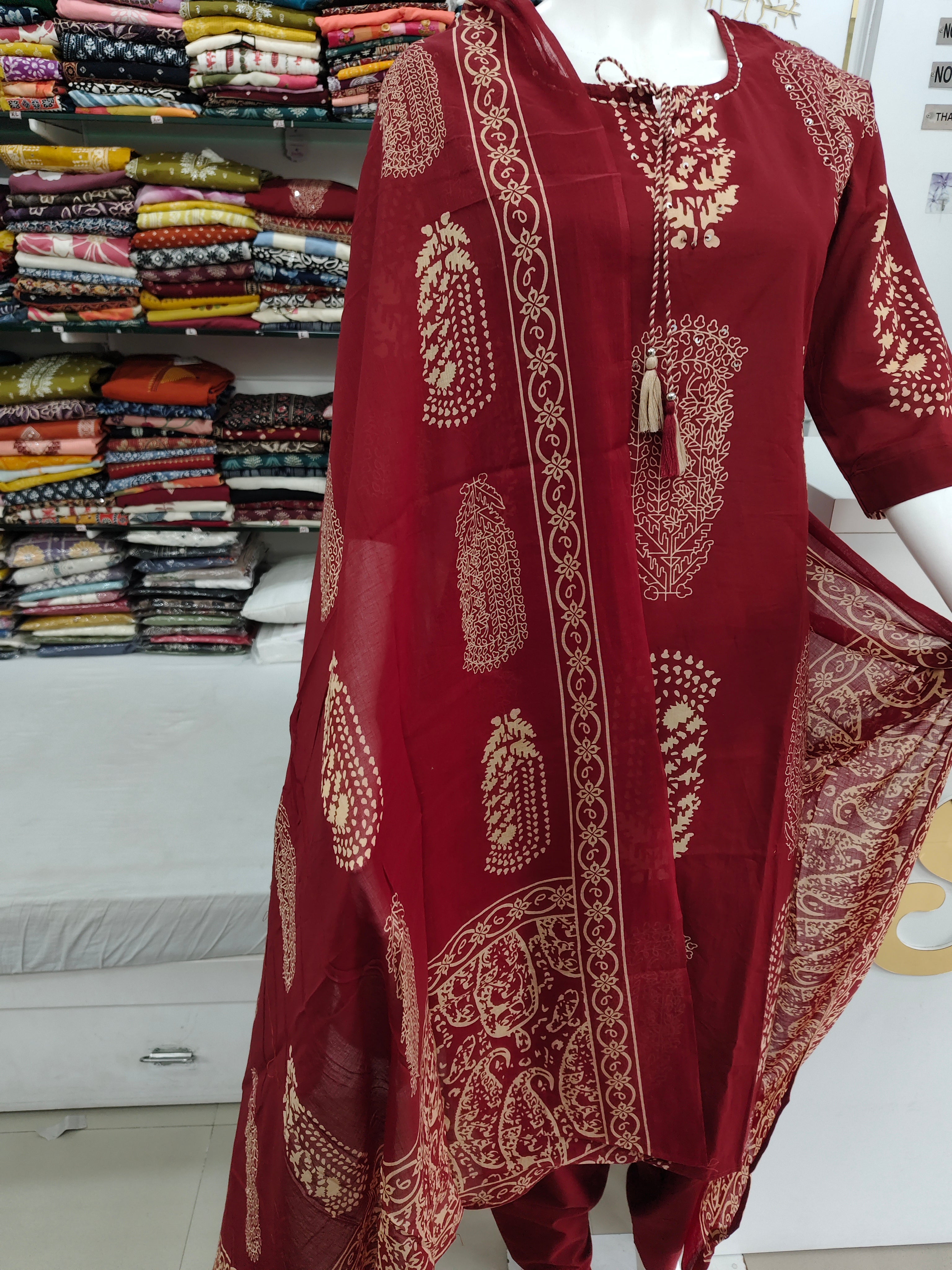 Maroon Cotton Printed Kurta Set with Matching Dupatta and tassel- 3 piece ethnic wear