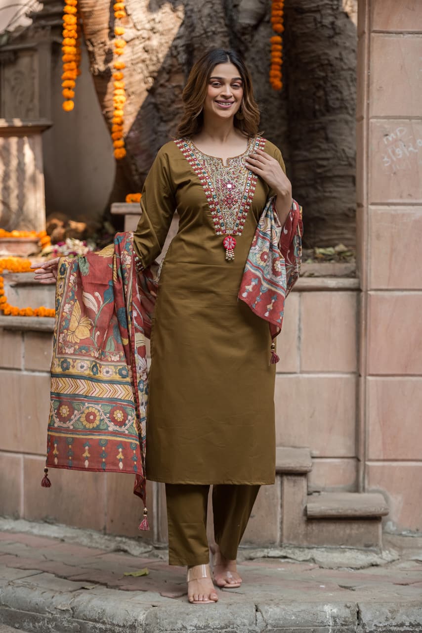 Elegant Olive Embroidered Kurta Set with Printed Dupatta