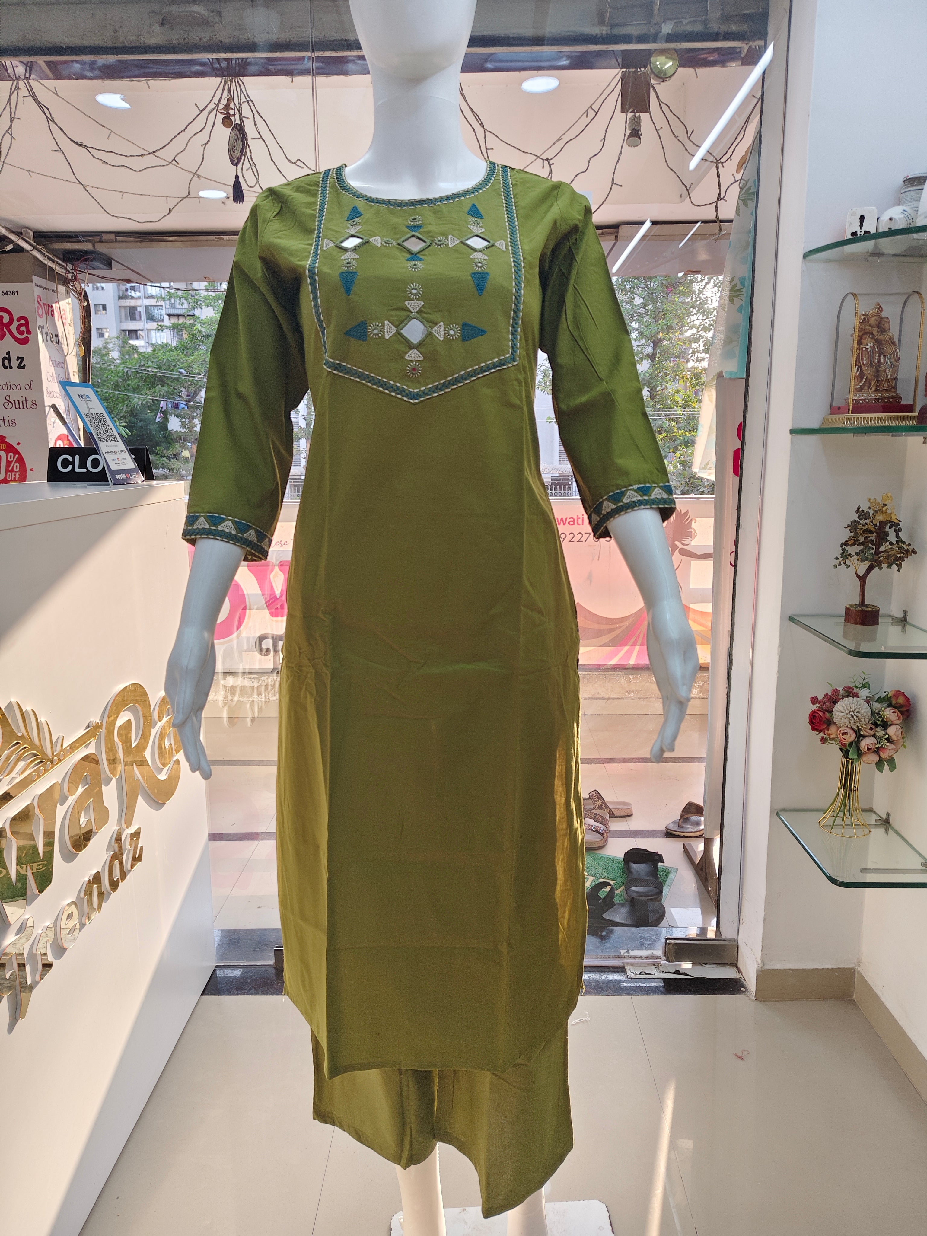 Olive Green Mirror Work Cotton Kurta Pant Dupatta Set for Women