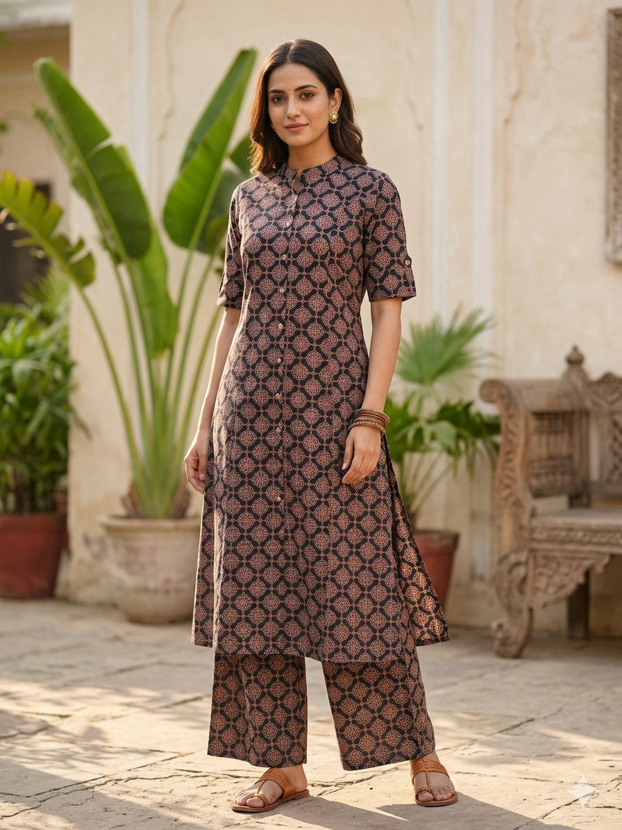 Elegant Printed Cotton 2-Piece Kurti Pant Set for Women