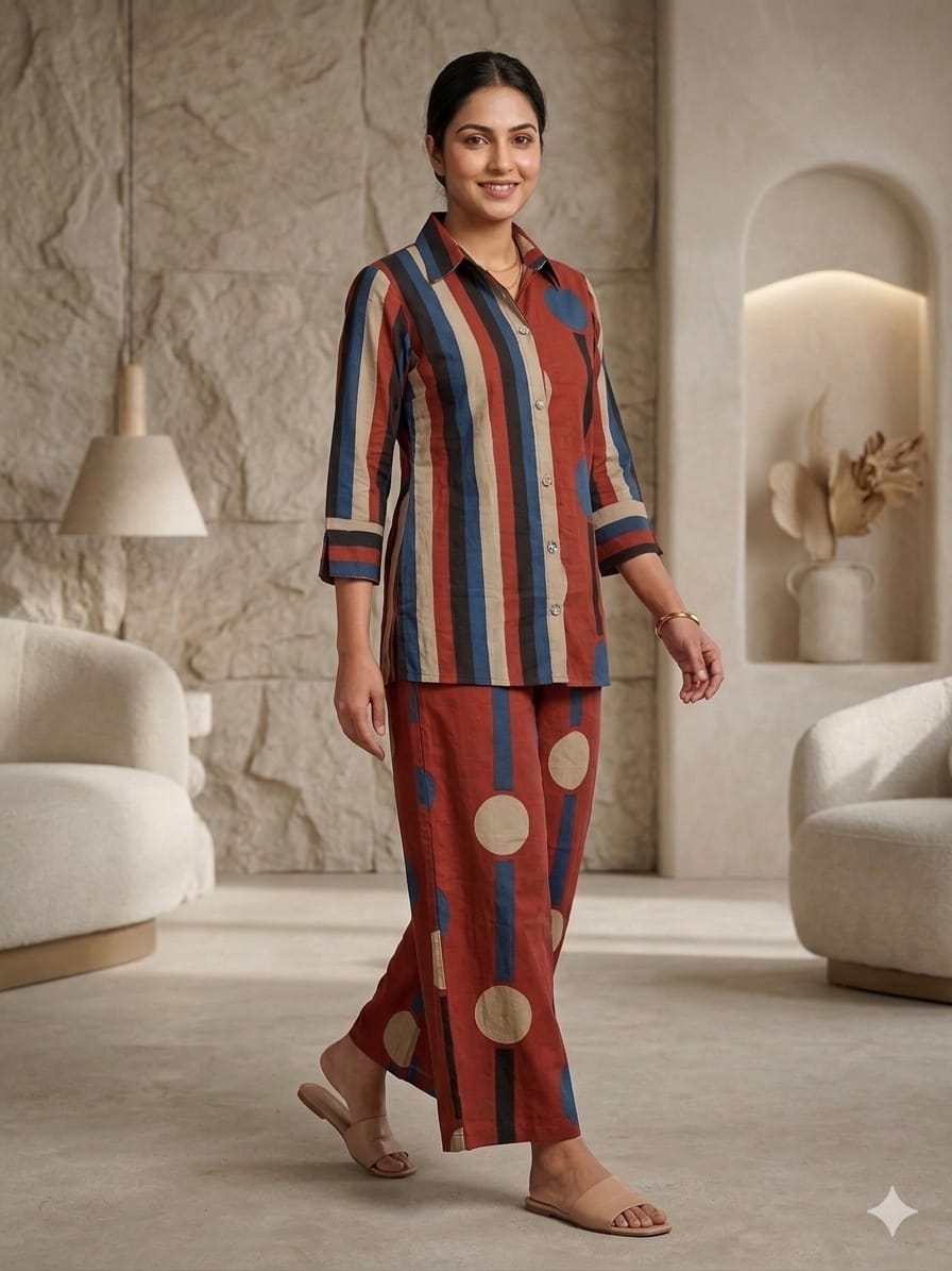 Rust Red Geometric Print Pure Cotton Co-Ord Set for Women