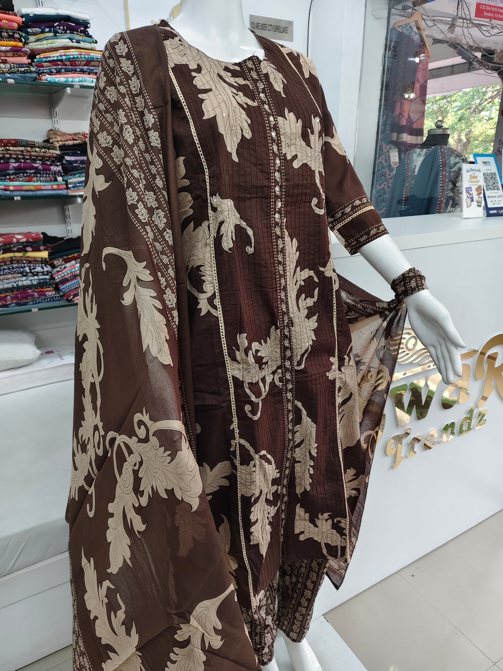 Elegant Brown Printed Kurta set with Dupatta Ethnic 3 piece set for women