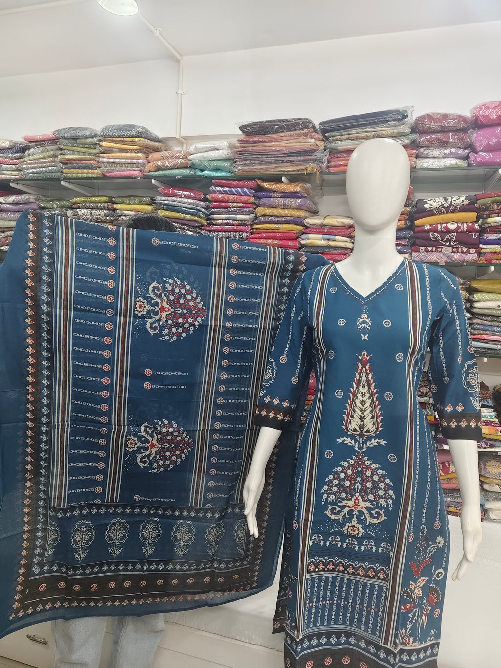 Elegant Blue Printed Cotton 3 Piece Suit Set with Dupatta