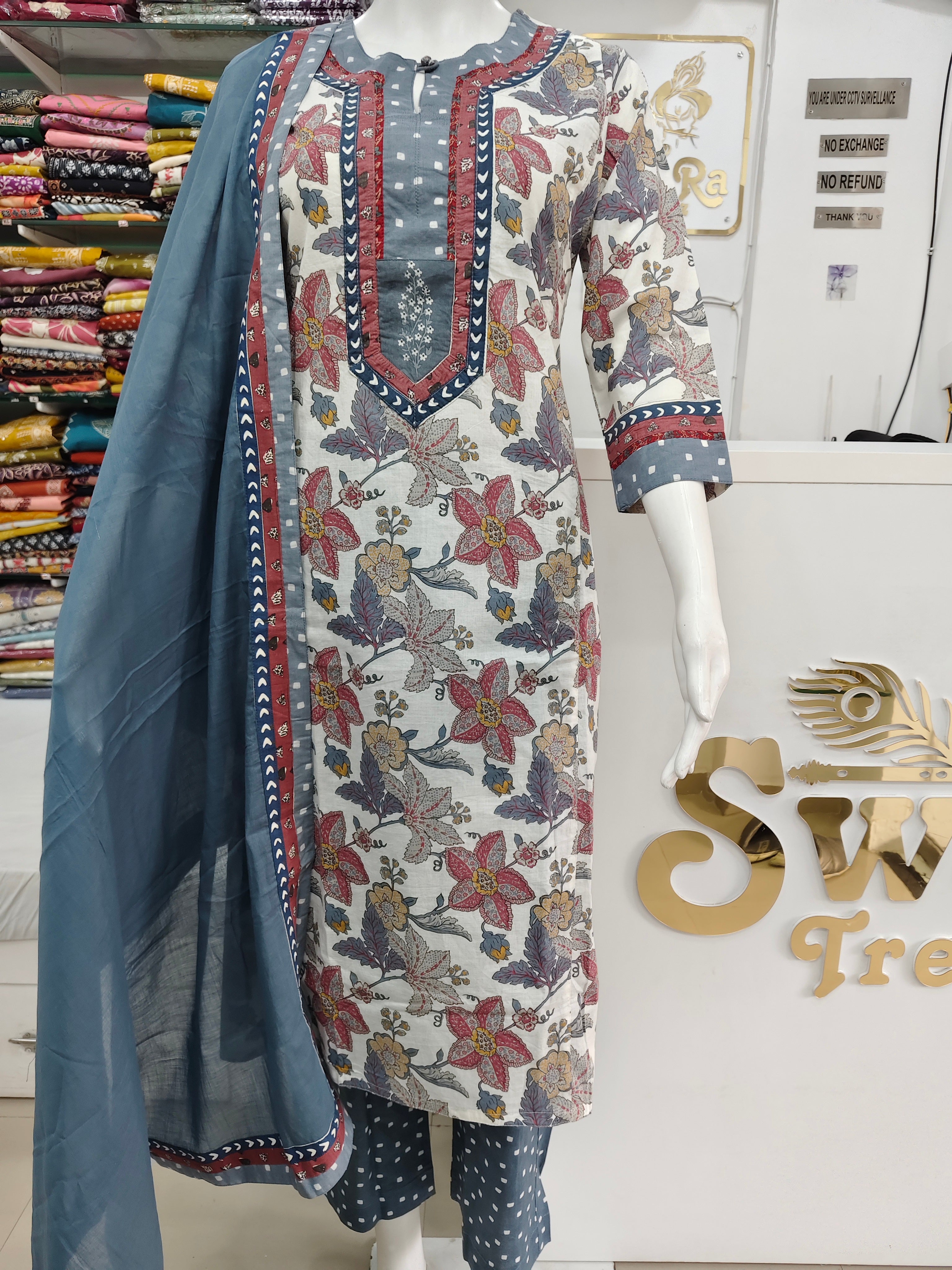 Elegant Floral Printed Cotton Kurta Set with Pants & Dupatta – Blue