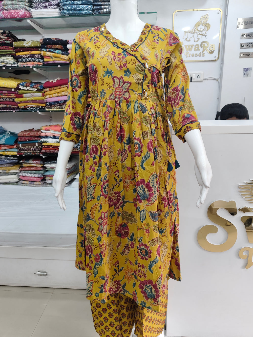 Mustard Yellow Floral Cotton Kurti with Printed Pant (2-Piece Set)