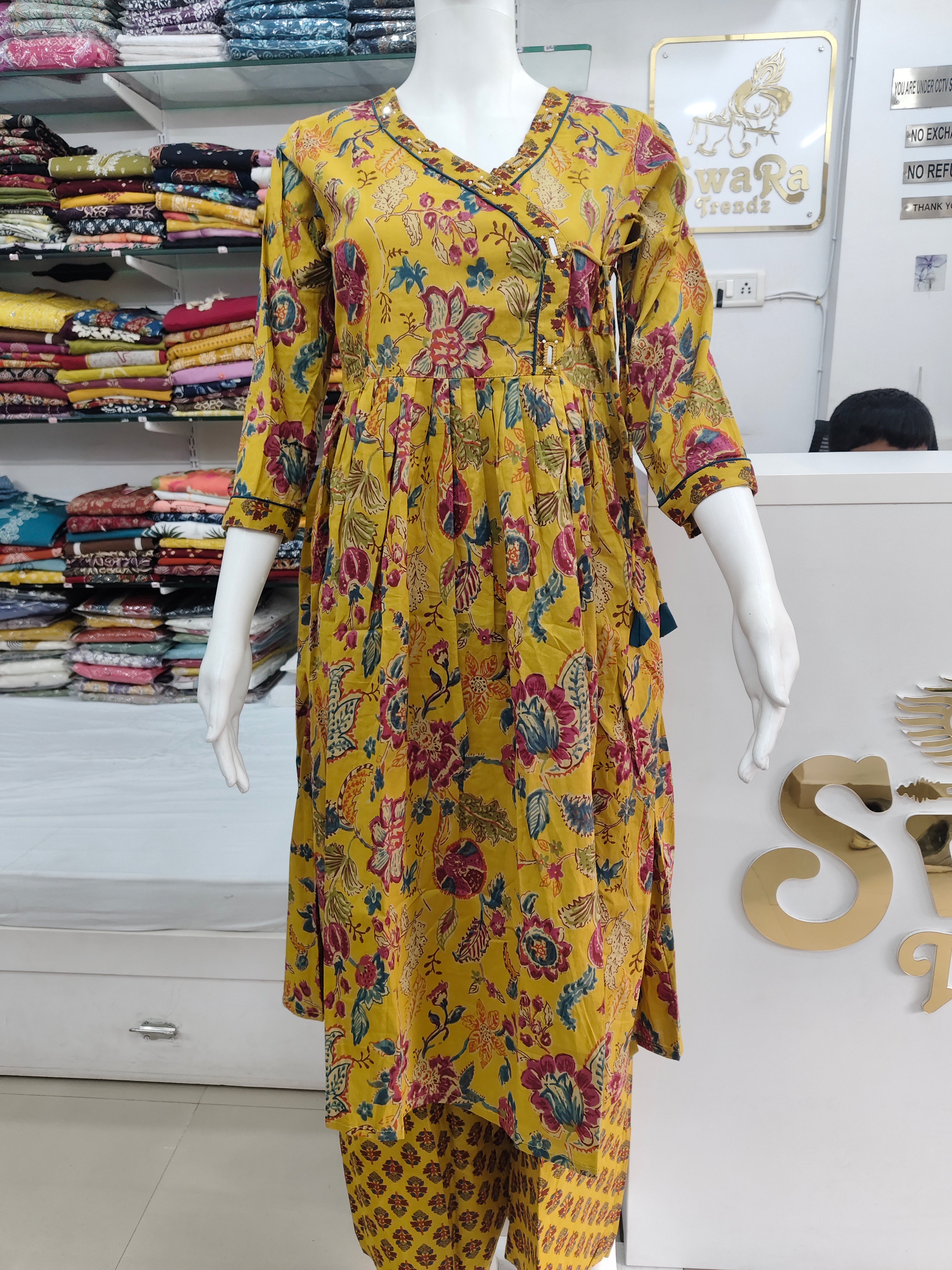 Mustard Yellow Floral Cotton Kurti with Printed Pant (2-Piece Set)