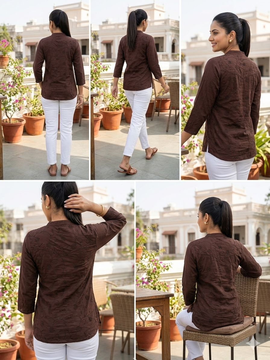 Elegant Coffee Brown Embroidered Cotton Shirt for Women