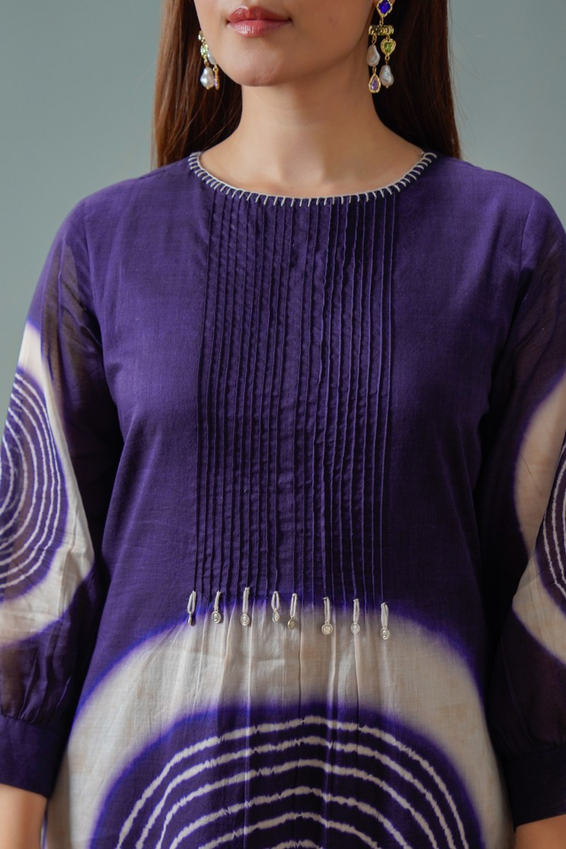 Pure Mul Royal Indigo Tie-Dye Pleated Kurta Set with both side pocket