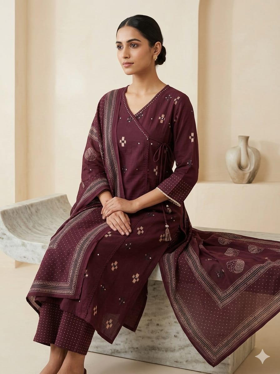 Elegant Wine Cotton Printed Kurta Set with Dupatta – 3 Piece Ethnic Suit