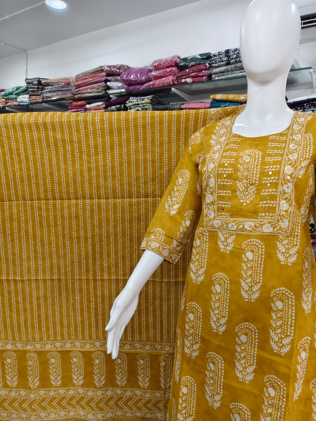 Mustard Yellow Pure Cotton Printed Kurta Pant Dupatta Set for Women | Ethnic 3 Piece Suit