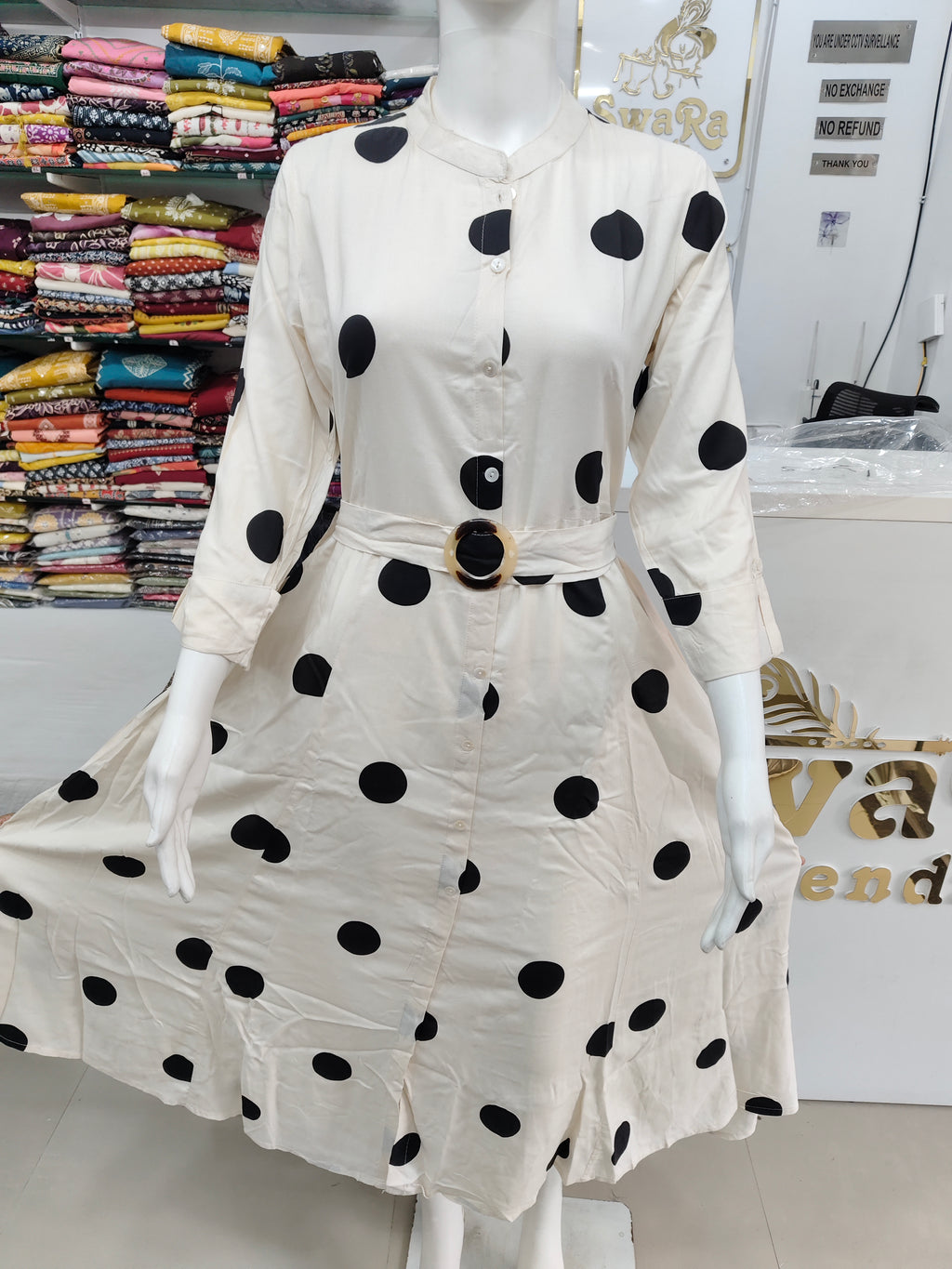 Elegant Polka Dot Belted One-Piece Dress – Imported Fabric | Button-Down Midi Dress for Women