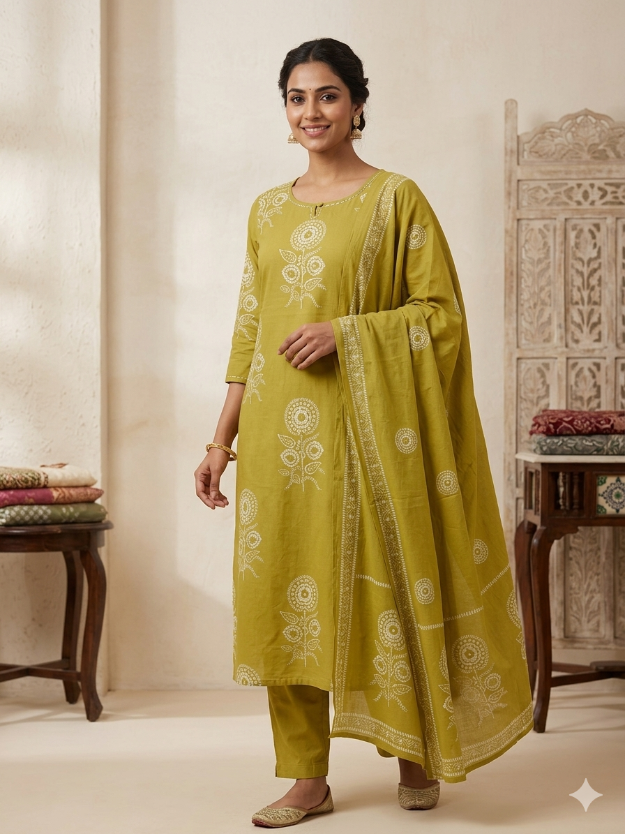 Mustard Yellow Floral Printed Kurta Set with Dupatta | 3 Piece Ethnic Suit Set