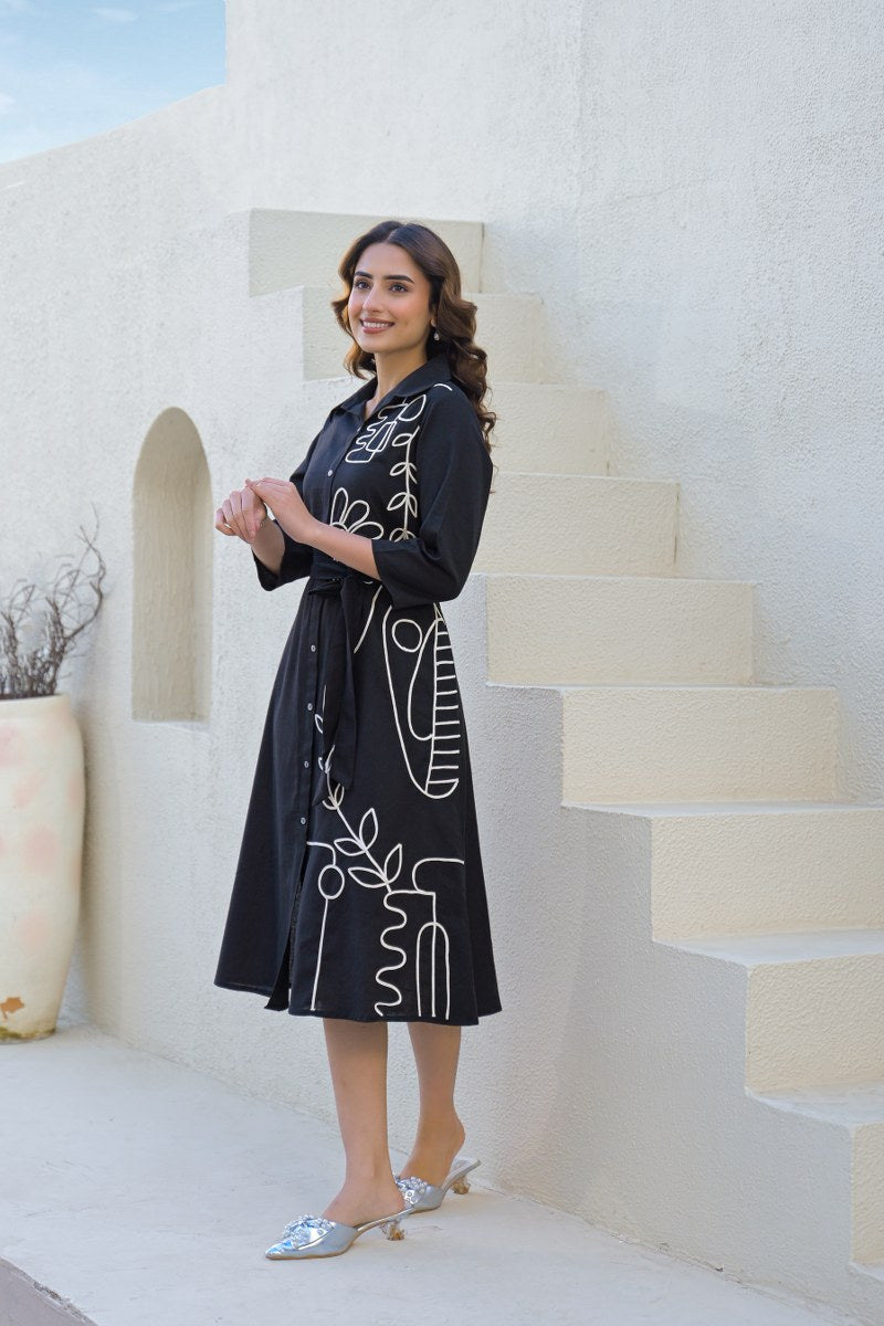 Black Abstract Appliqued Shirt Dress with Belt